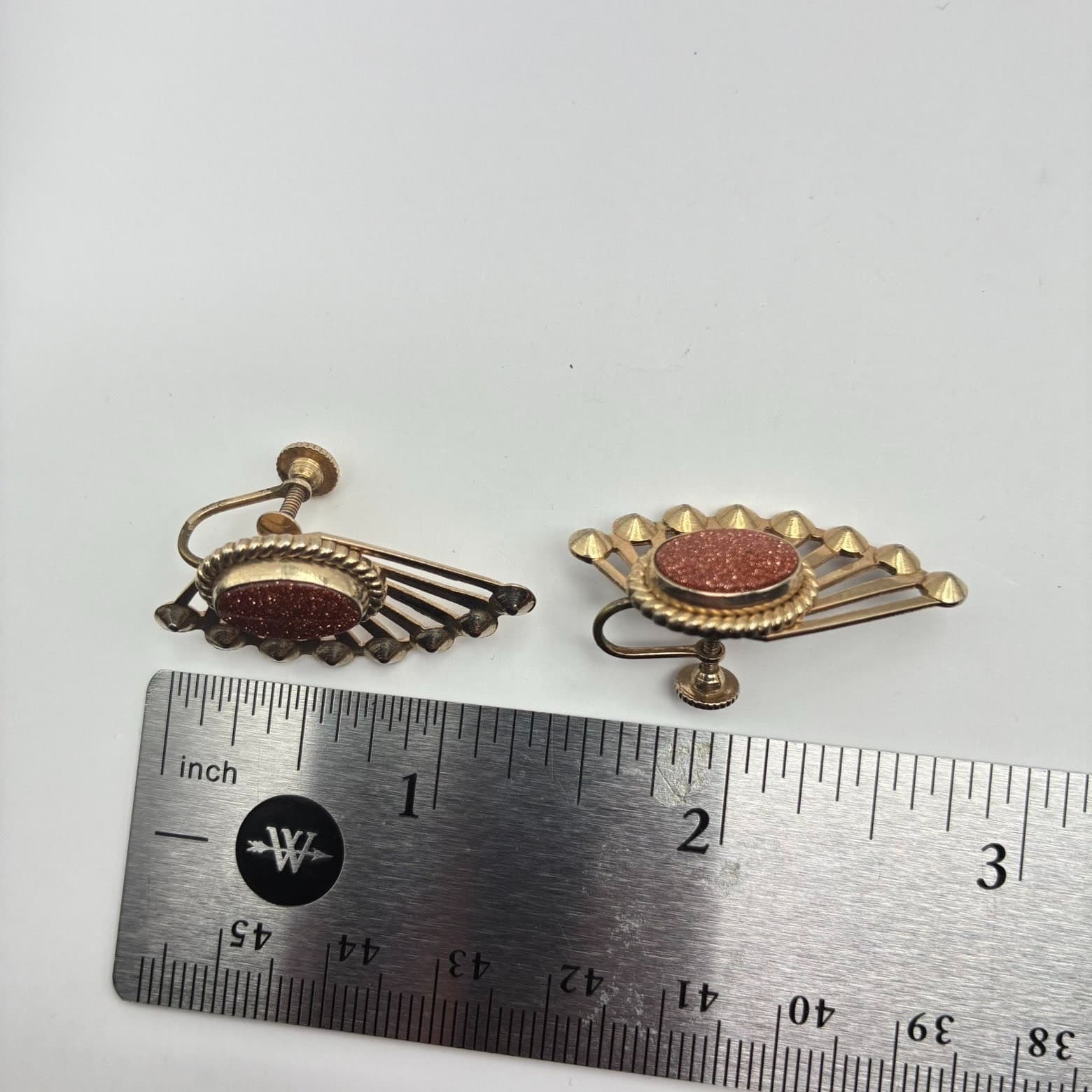 Vintage 60s Goldstone Aventurine Glass Sunburst Fan Earrings Mid-Century Jewelry - Thumbnail 10