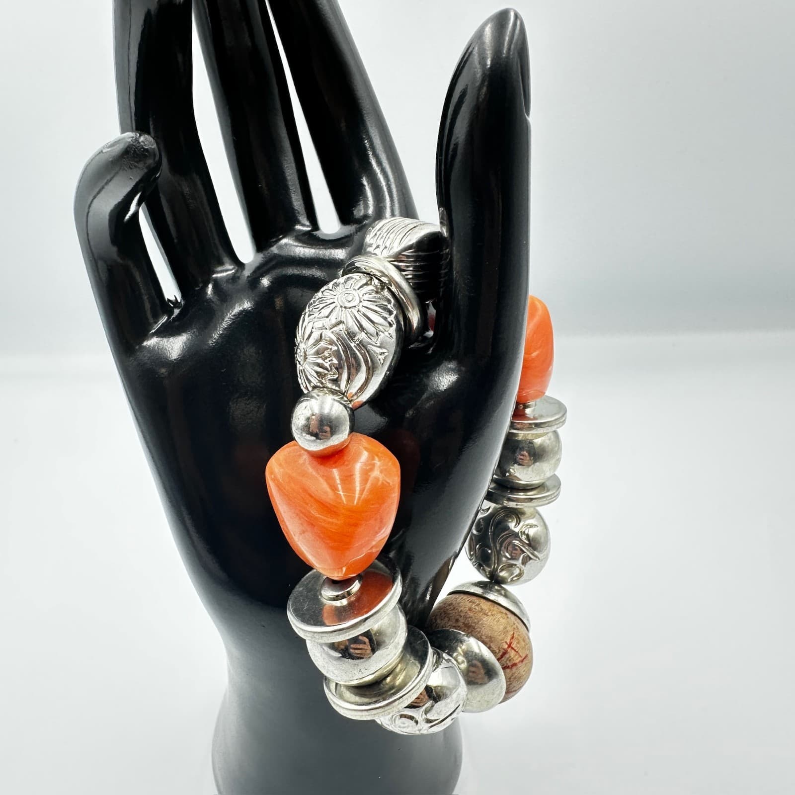 Chunky Orange Coral & Silver-Tone Tribal Statement Bead Bracelet - Thumbnail 2