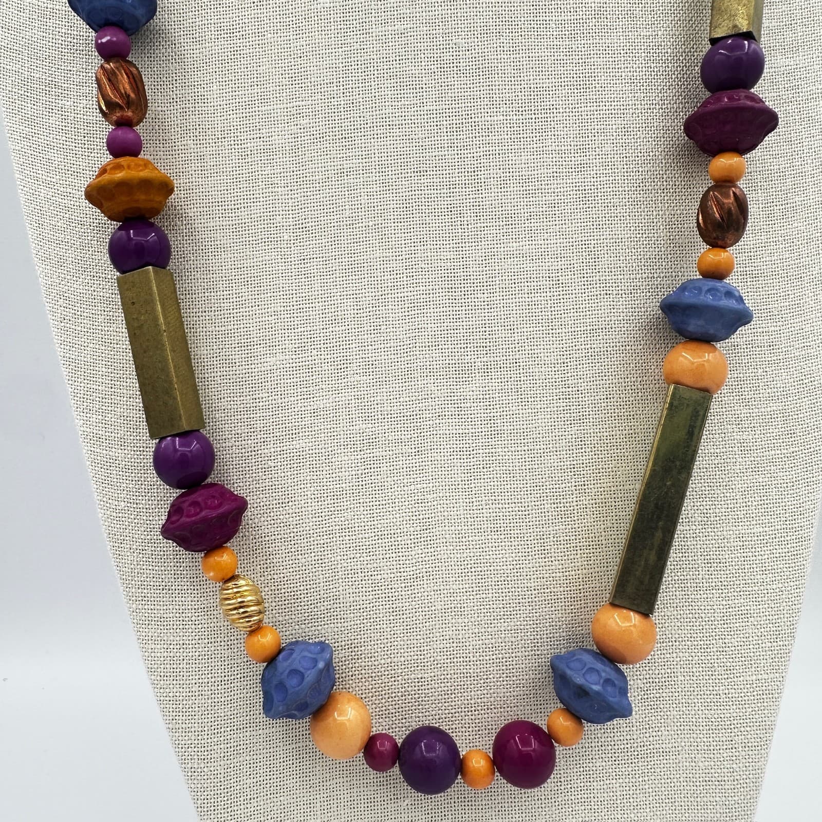 Boho Mixed Bead Long Necklace in Blue Purple & Gold Artisanal Style - Thumbnail 2