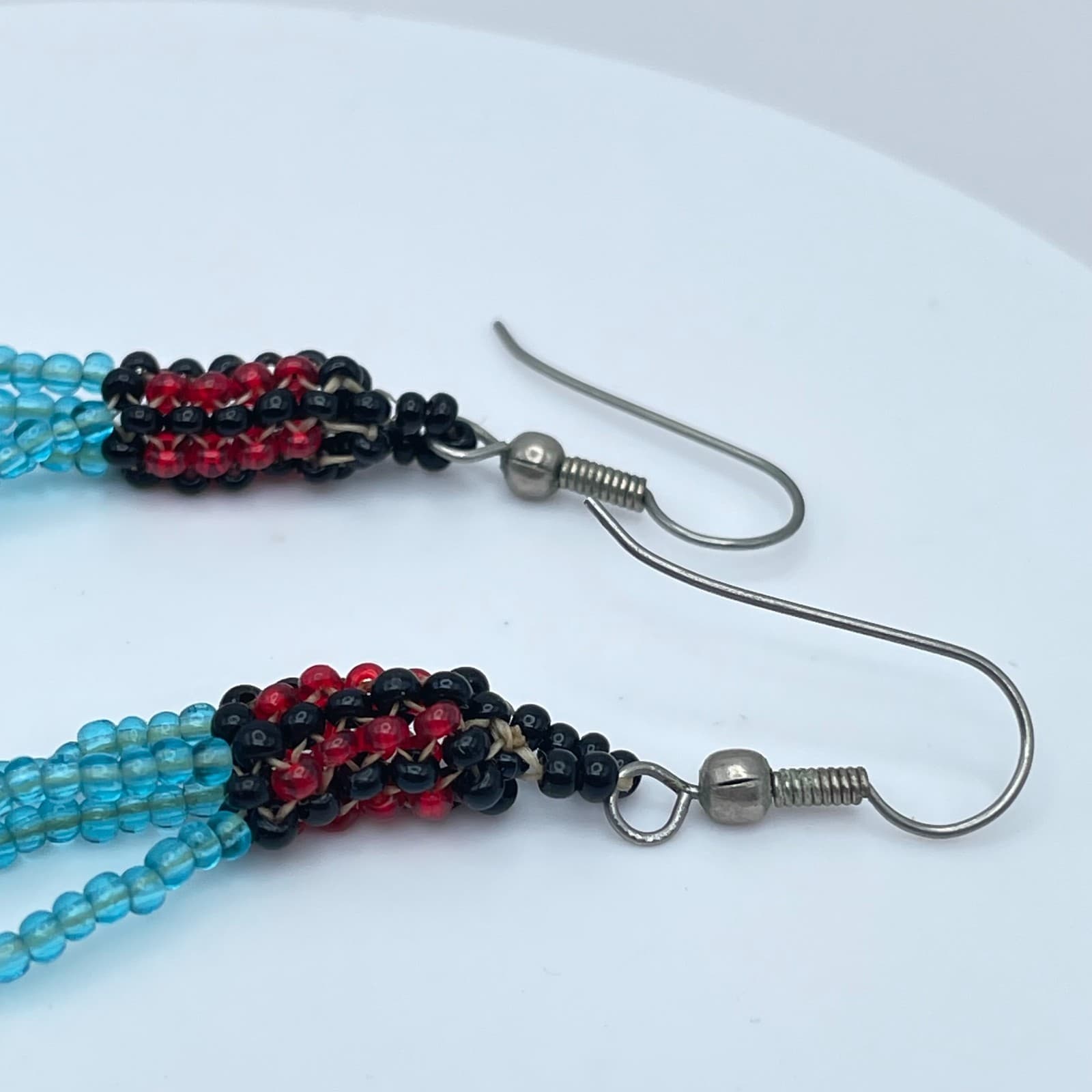 Vintage 90s Seed Bead Dangle Fringe Earrings Turquoise Boho Southwestern Jewelry - Thumbnail 4