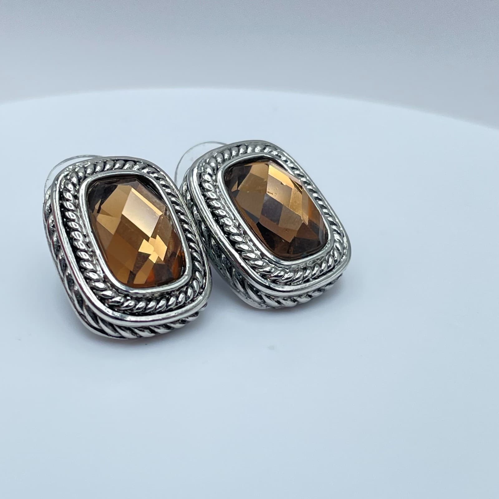 Vintage 90s Silver Tone Rope Border Amber Brown Glass Stud Earrings Jewelry - Thumbnail 3