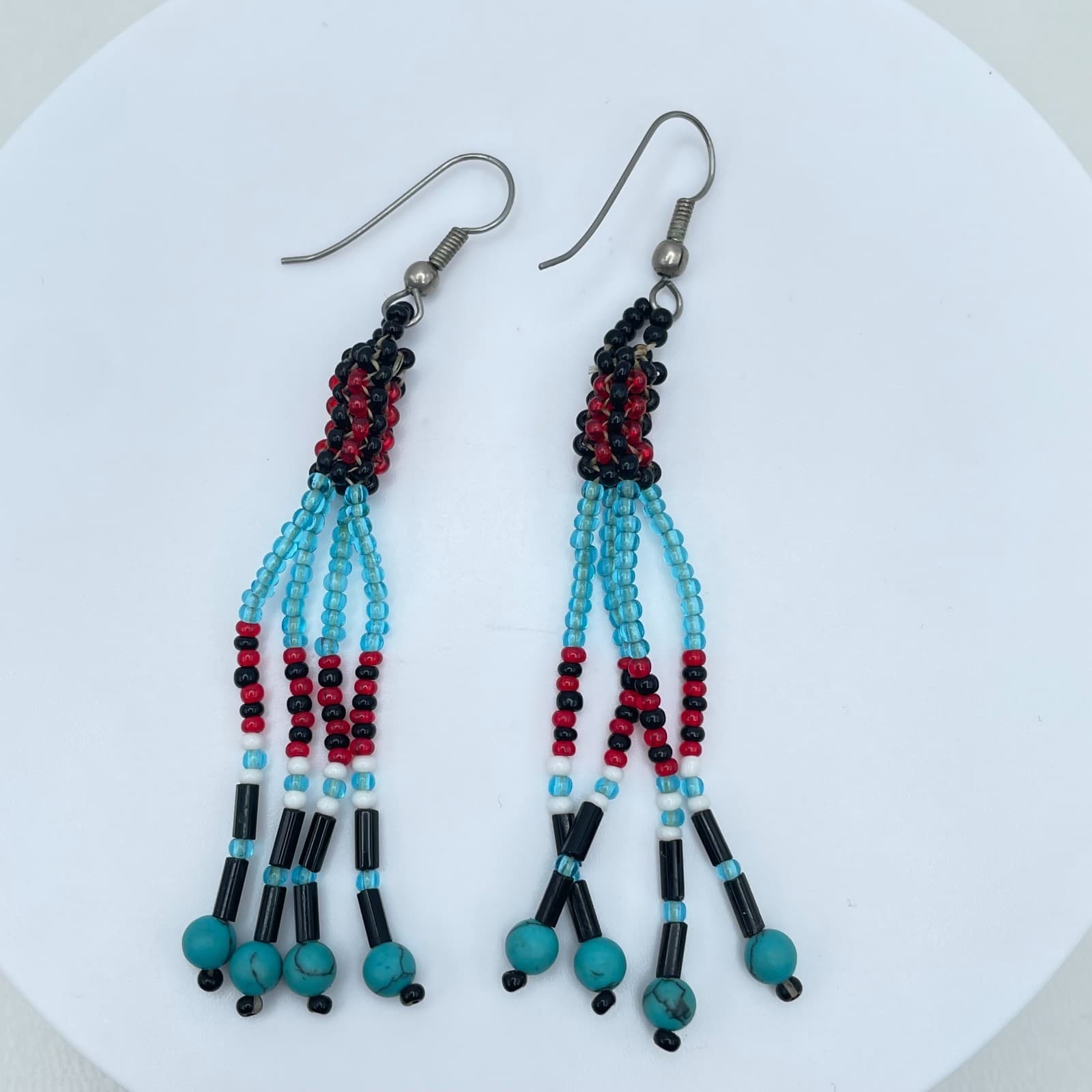 Vintage 90s Seed Bead Dangle Fringe Earrings Turquoise Boho Southwestern Jewelry - Image 1