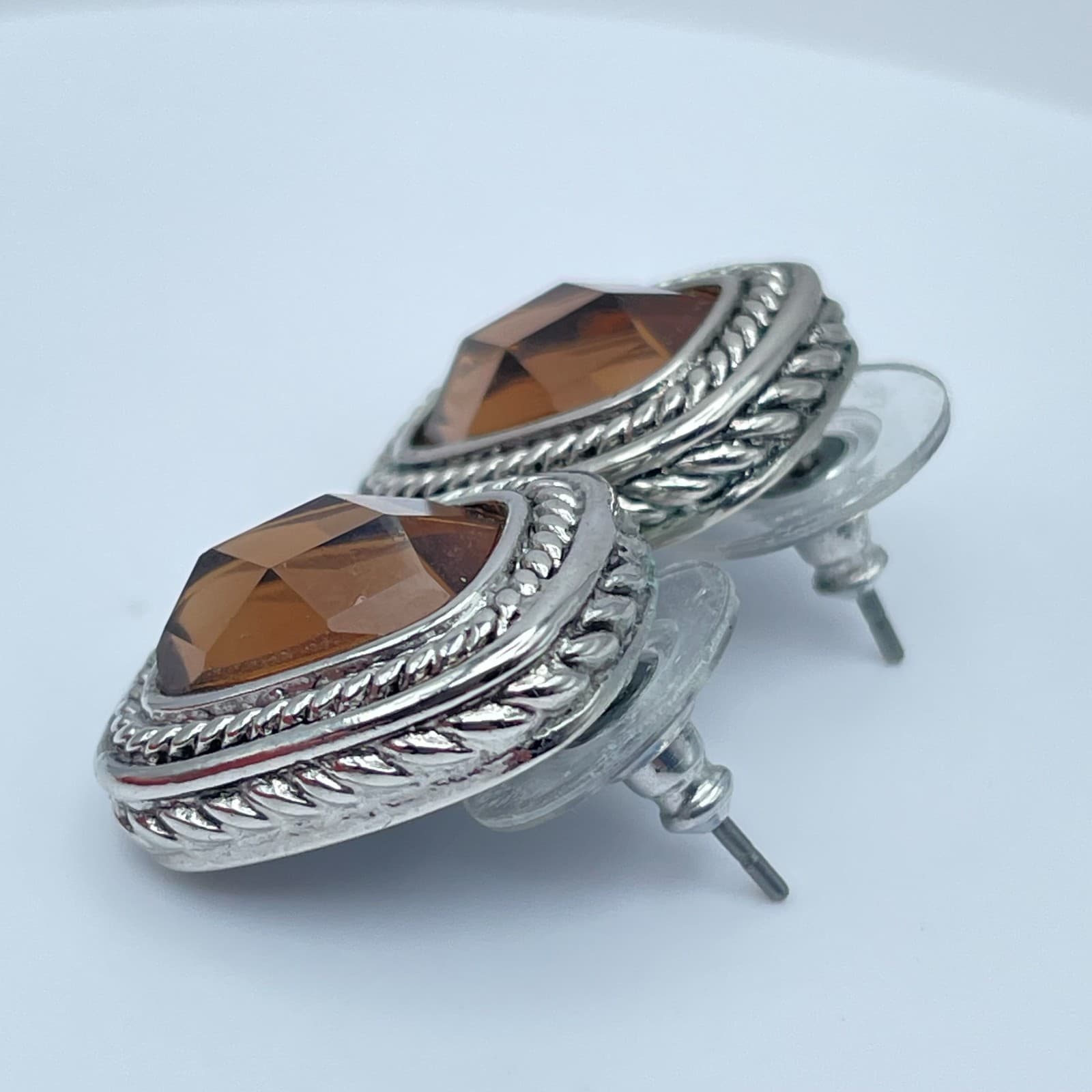 Vintage 90s Silver Tone Rope Border Amber Brown Glass Stud Earrings Jewelry - Thumbnail 5