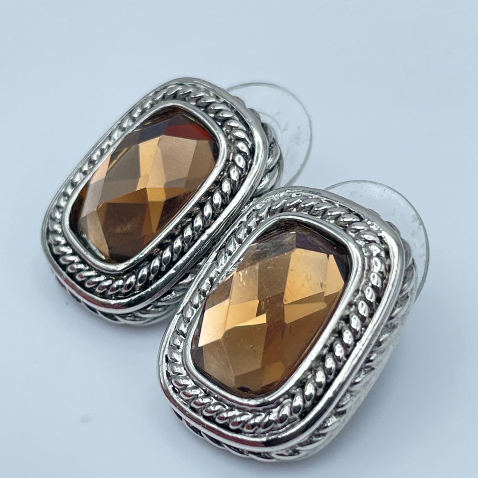 Vintage 90s Silver Tone Rope Border Amber Brown Glass Stud Earrings Jewelry - Thumbnail 4