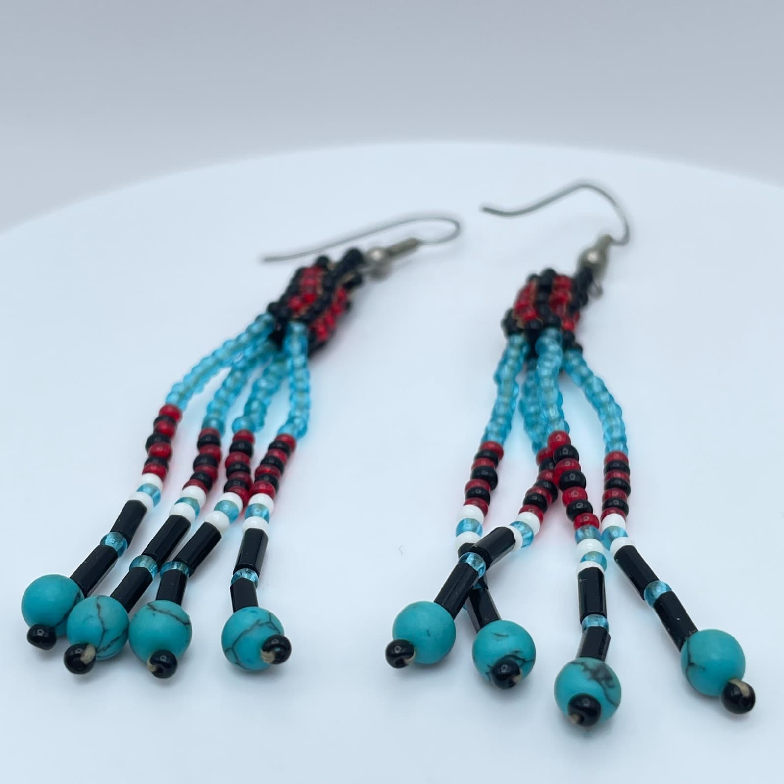 Vintage 90s Seed Bead Dangle Fringe Earrings Turquoise Boho Southwestern Jewelry - Thumbnail 2