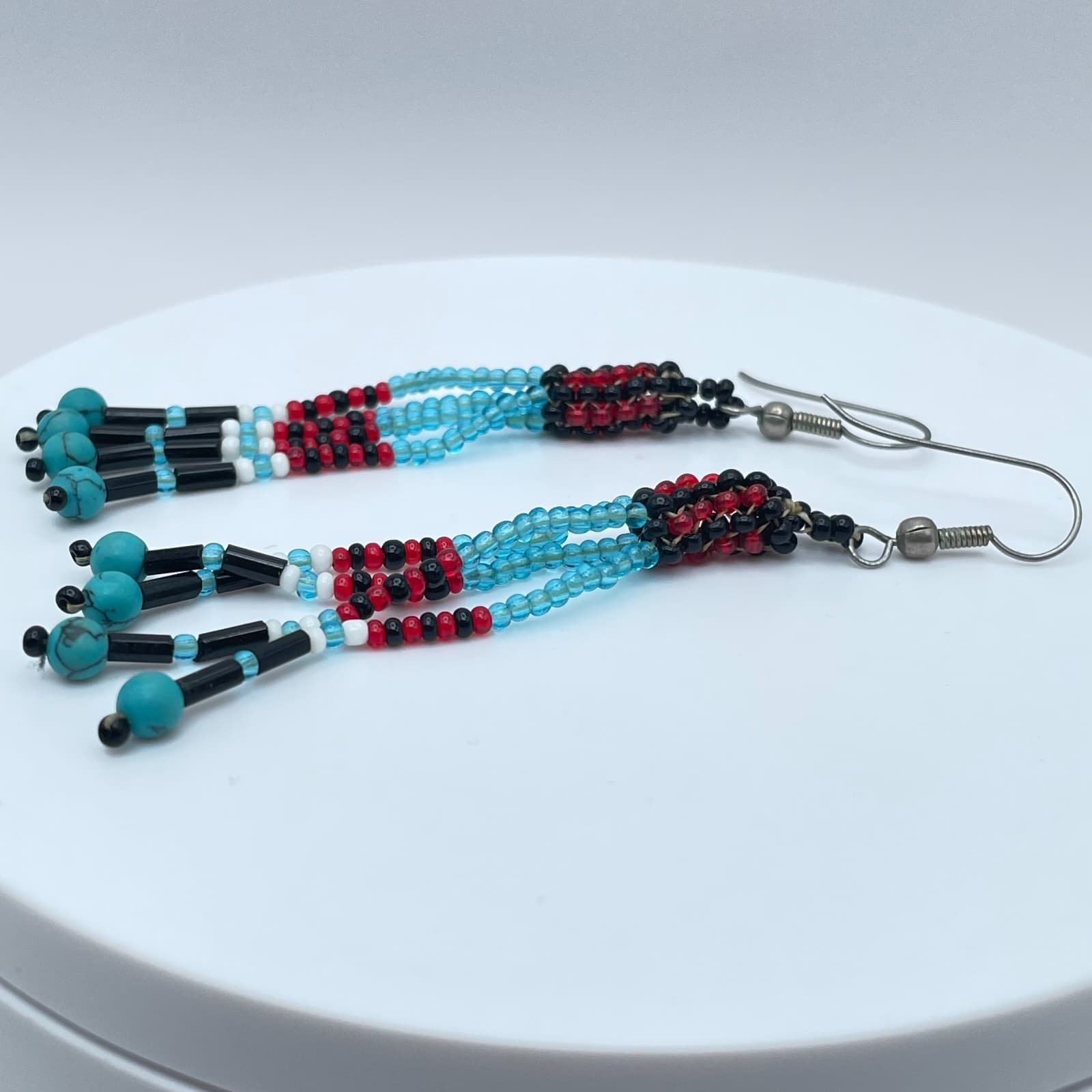 Vintage 90s Seed Bead Dangle Fringe Earrings Turquoise Boho Southwestern Jewelry - Thumbnail 3