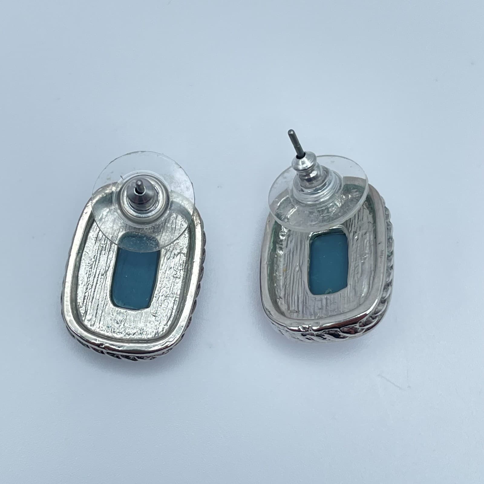 Vintage 90s Silver Tone Rope Border Amber Brown Glass Stud Earrings Jewelry - Thumbnail 8