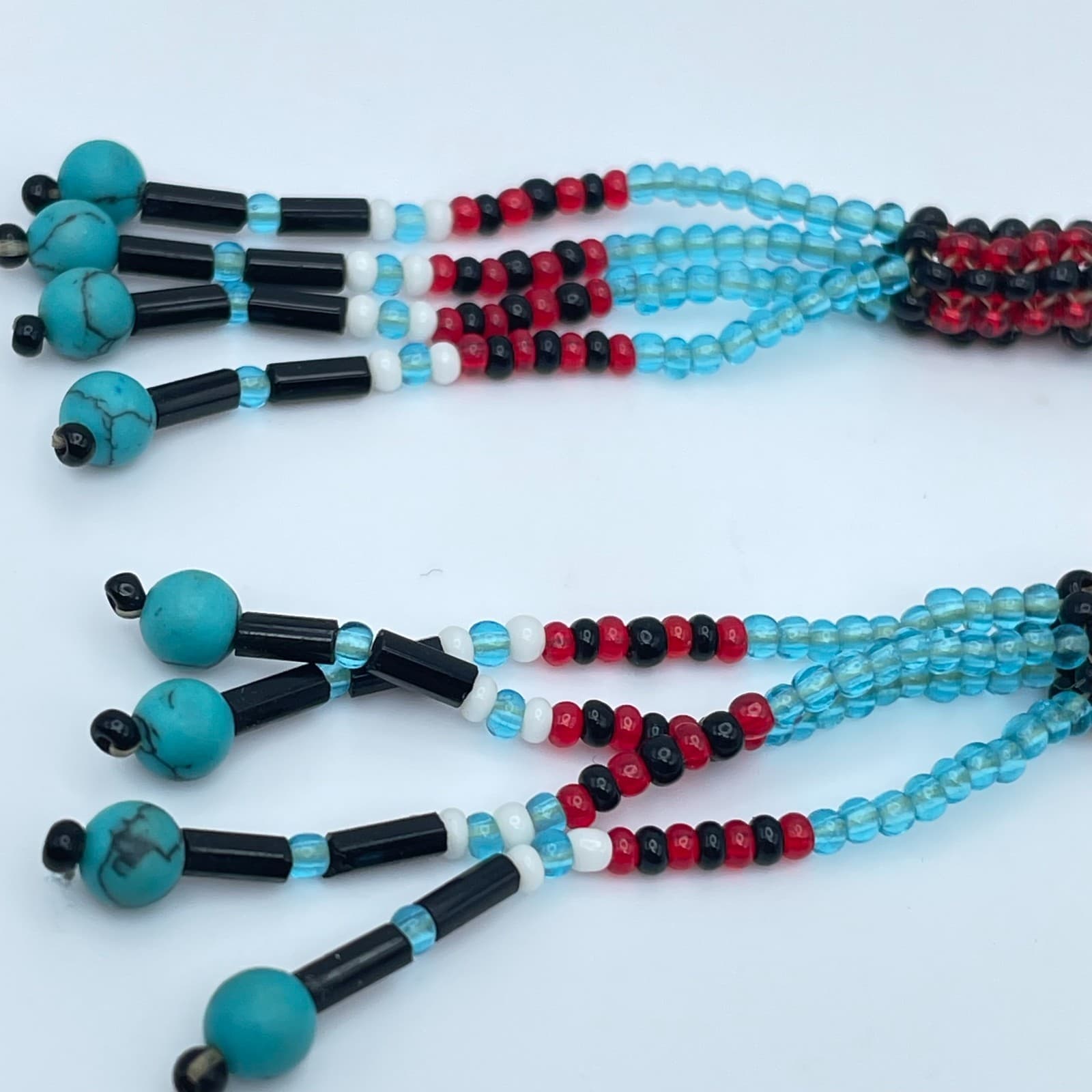 Vintage 90s Seed Bead Dangle Fringe Earrings Turquoise Boho Southwestern Jewelry - Thumbnail 5