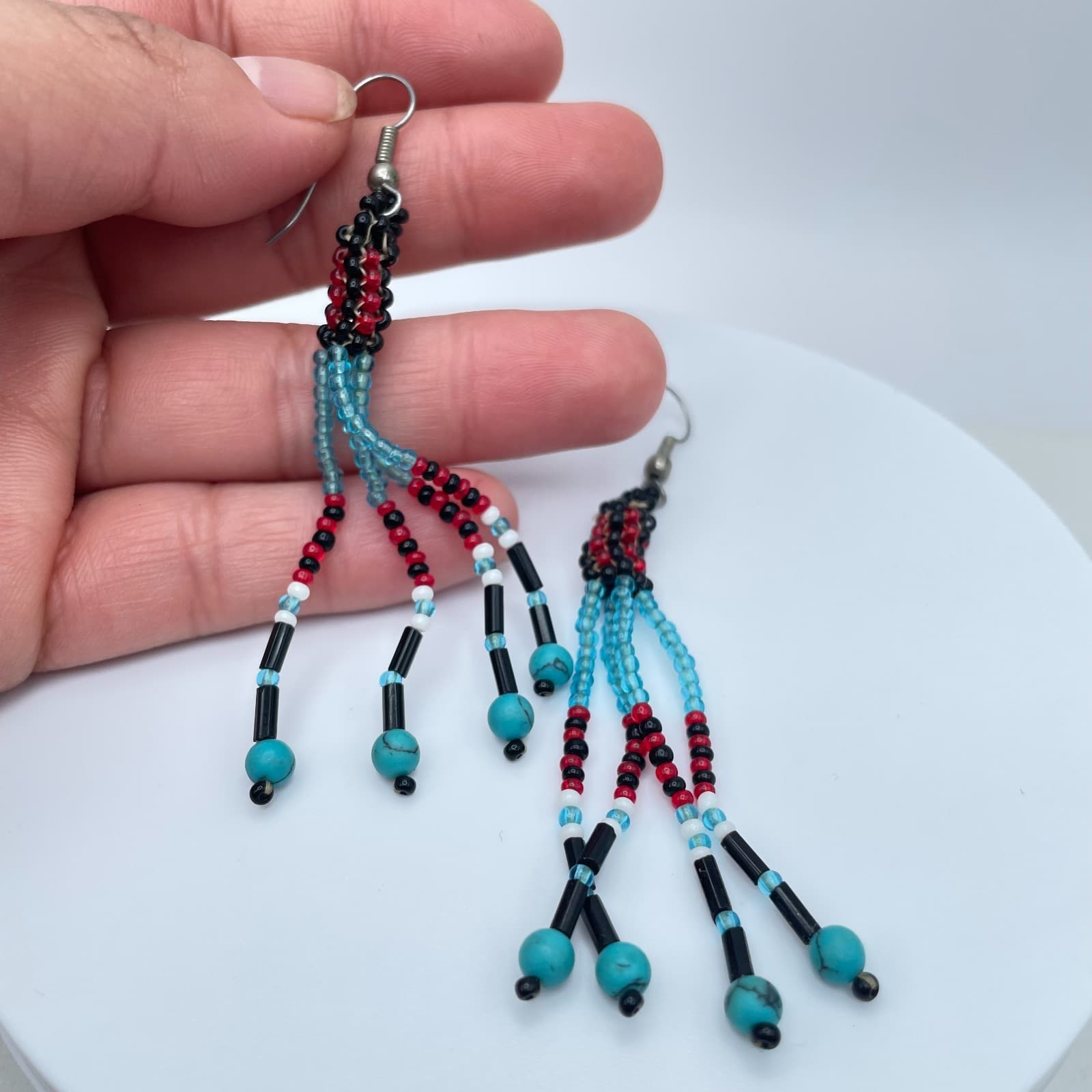 Vintage 90s Seed Bead Dangle Fringe Earrings Turquoise Boho Southwestern Jewelry - Thumbnail 6