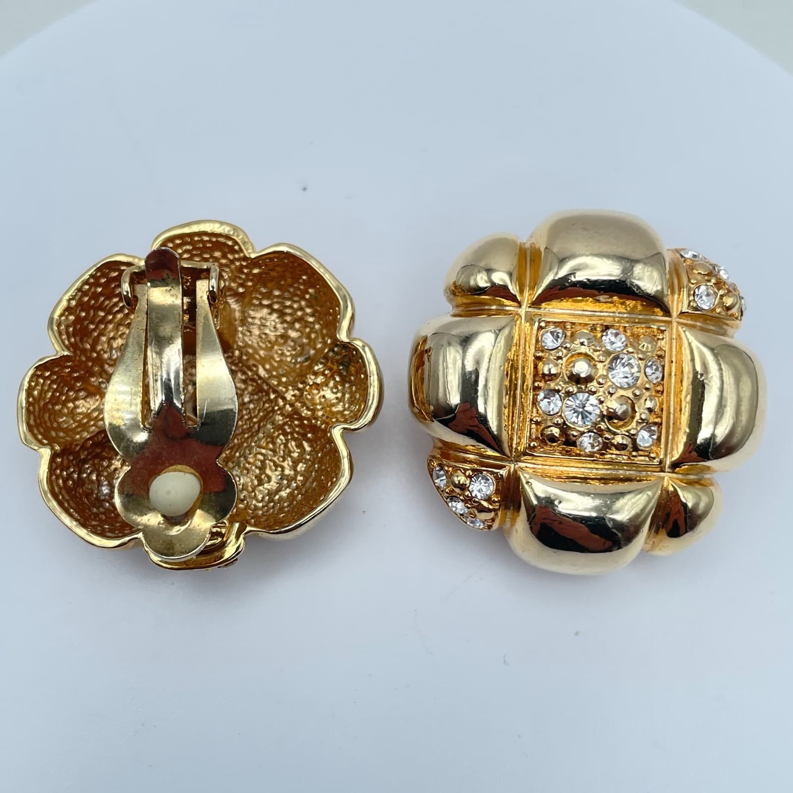 Vintage 80s Gold Tone Glass Flower Earrings Chunky Statement Fashion Jewelry - Thumbnail 5