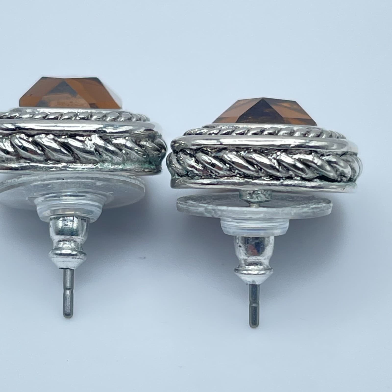 Vintage 90s Silver Tone Rope Border Amber Brown Glass Stud Earrings Jewelry - Thumbnail 6