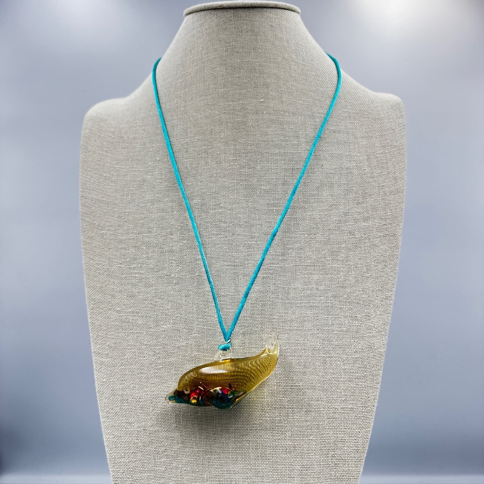 Handblown Glass Dolphin Pendant Necklace Aqua Cord Beachy Art Charm - Image 1