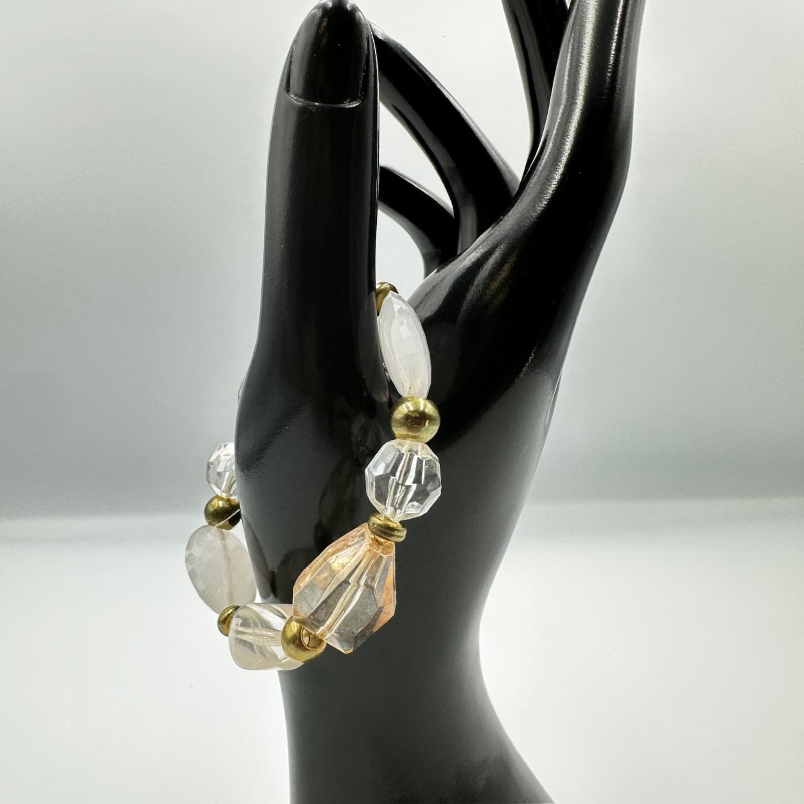 Neutral Faceted Bead Stretch Bracelet w/ Gold Accents Chic Minimalist - Thumbnail 3