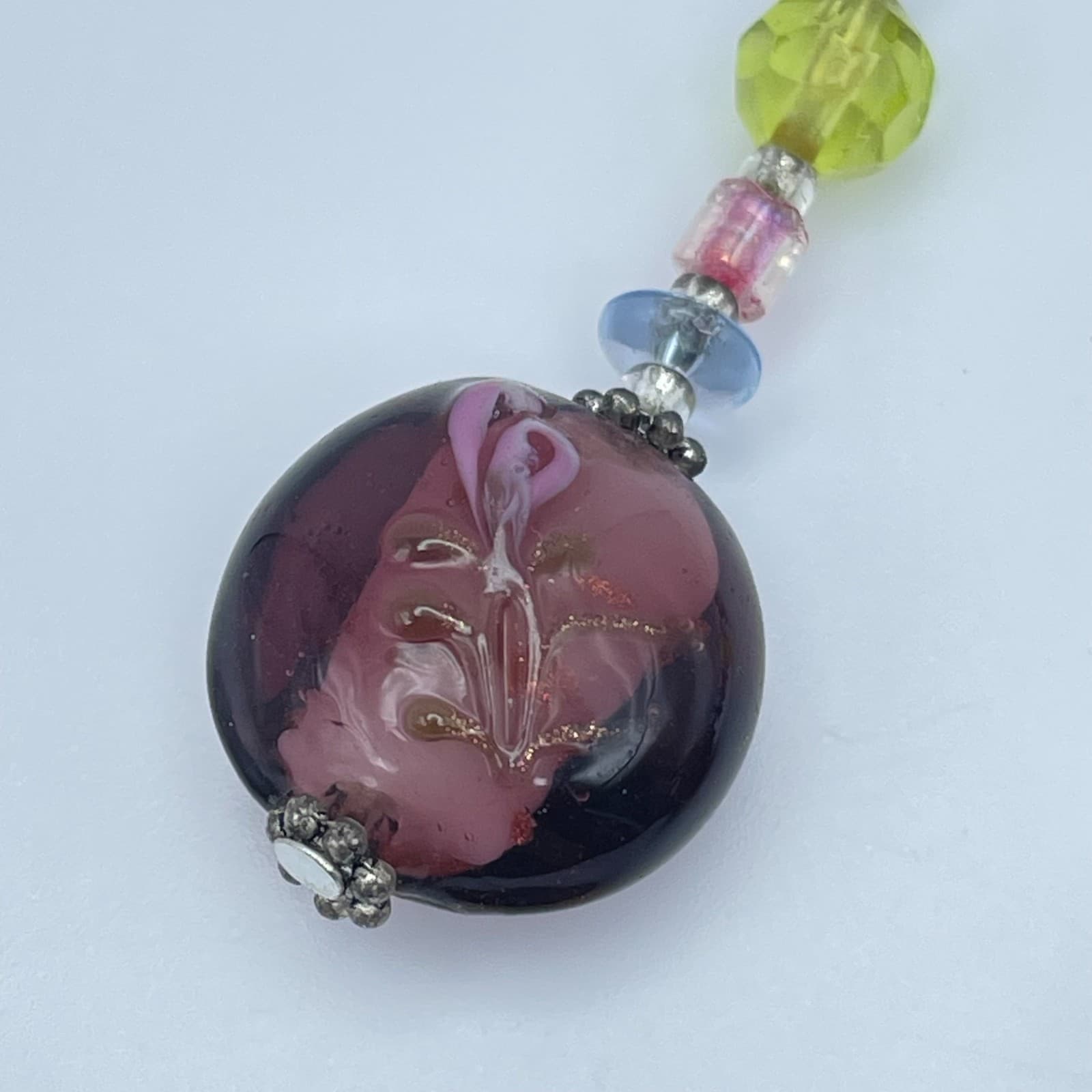 Vintage 90s Lampwork Glass Dangle Earrings Purple Floral Rose Beaded Artisan - Thumbnail 5