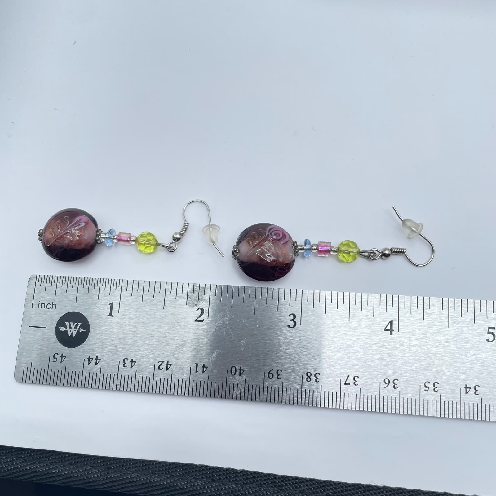 Vintage 90s Lampwork Glass Dangle Earrings Purple Floral Rose Beaded Artisan - Thumbnail 8