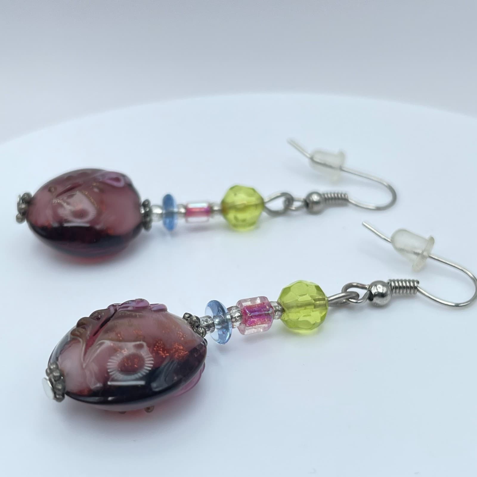 Vintage 90s Lampwork Glass Dangle Earrings Purple Floral Rose Beaded Artisan - Thumbnail 6