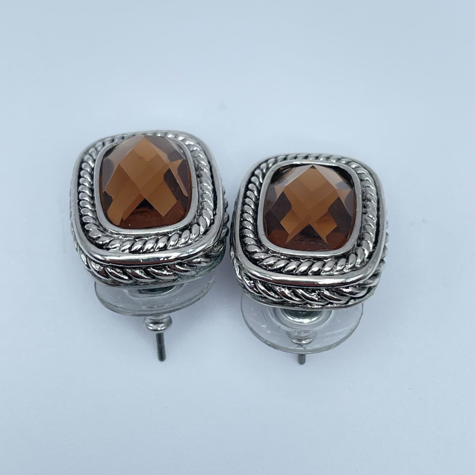Vintage 90s Silver Tone Rope Border Amber Brown Glass Stud Earrings Jewelry - Thumbnail 2