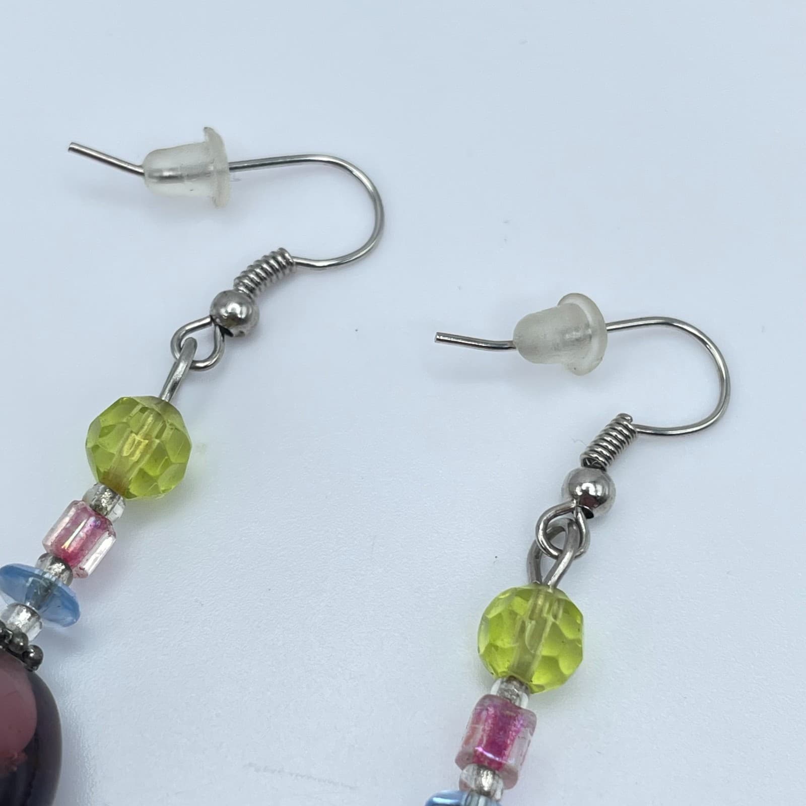 Vintage 90s Lampwork Glass Dangle Earrings Purple Floral Rose Beaded Artisan - Thumbnail 4