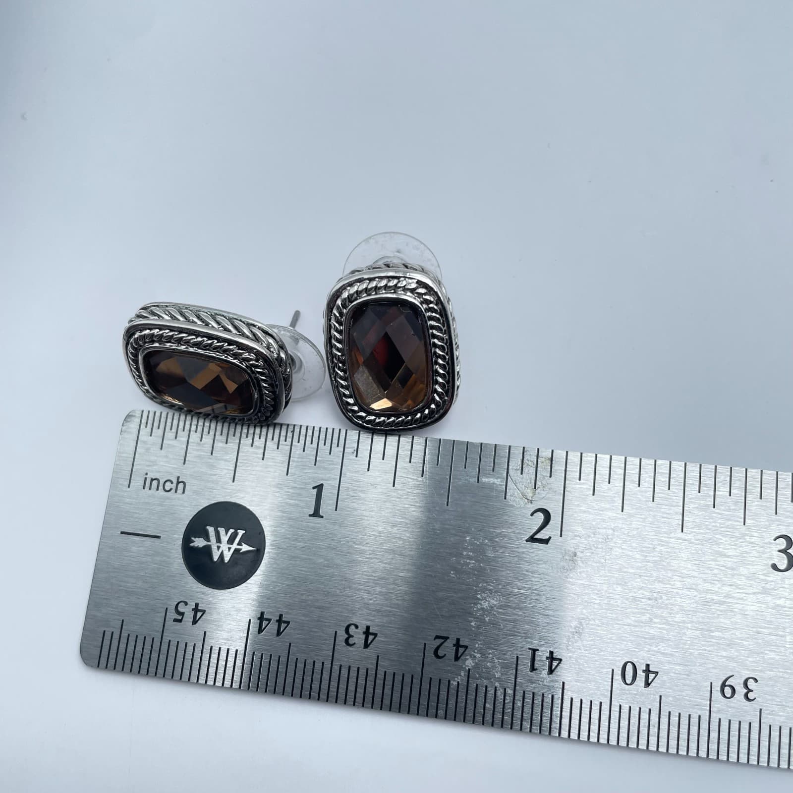 Vintage 90s Silver Tone Rope Border Amber Brown Glass Stud Earrings Jewelry - Thumbnail 9