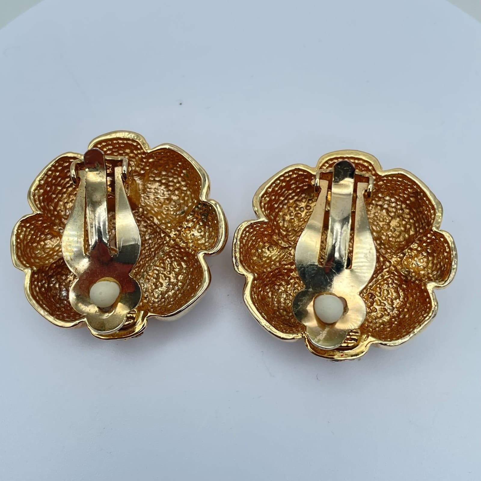 Vintage 80s Gold Tone Glass Flower Earrings Chunky Statement Fashion Jewelry - Thumbnail 6