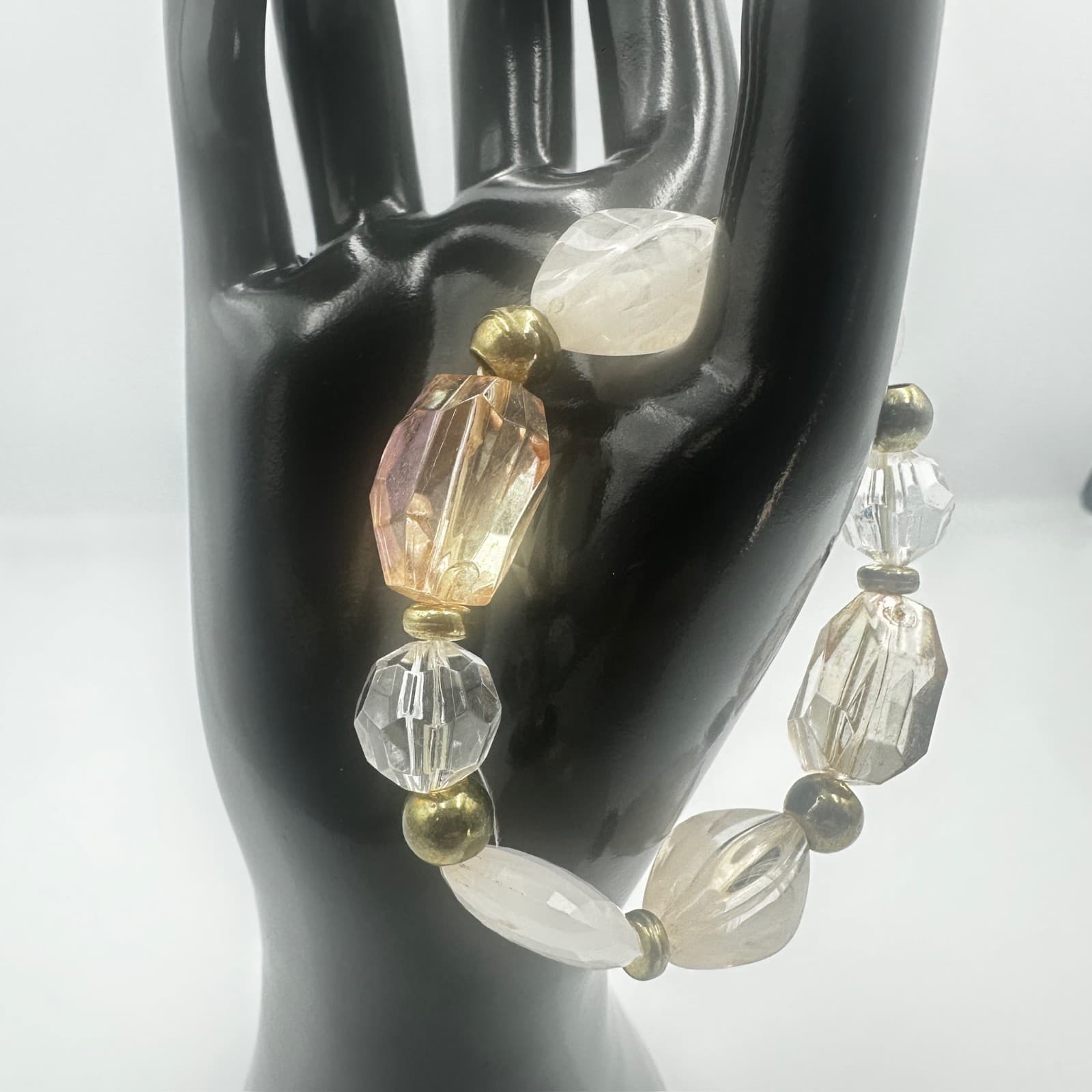 Neutral Faceted Bead Stretch Bracelet w/ Gold Accents Chic Minimalist - Thumbnail 4