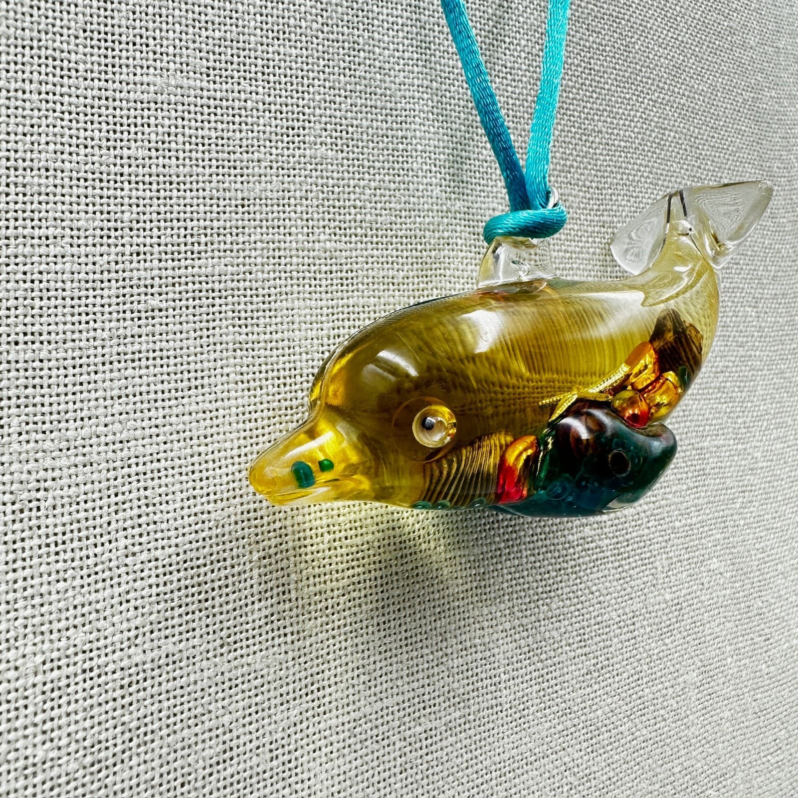 Handblown Glass Dolphin Pendant Necklace Aqua Cord Beachy Art Charm - Thumbnail 3
