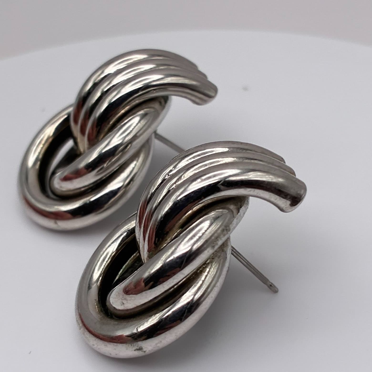 Vintage 90s Silver Tone Knot Stud Earrings Triple Hoop Statement Modernist Bold - Thumbnail 6