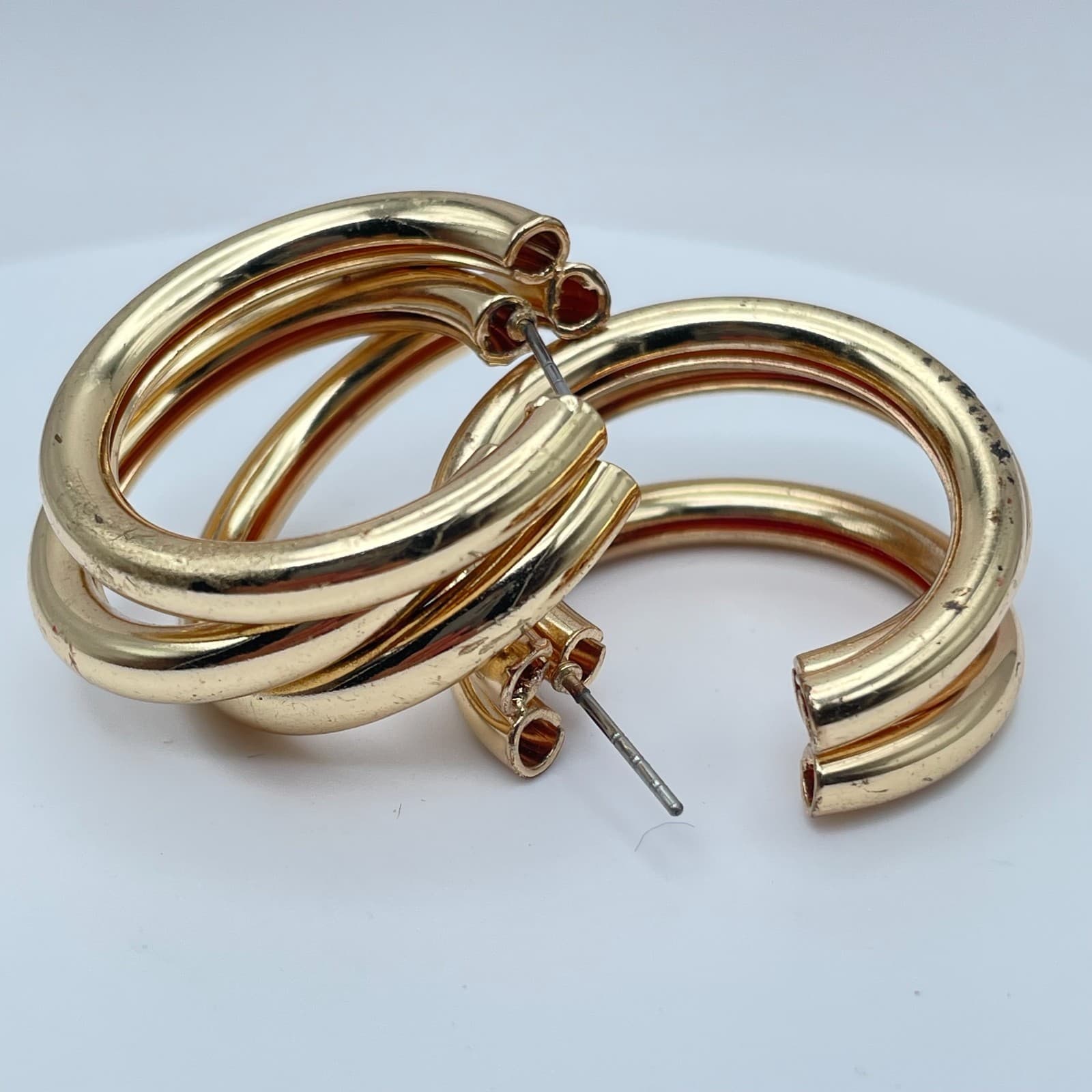 Vintage 90s Gold Tone Multi-Hoop C-Shaped Earrings Chunky Fashion Jewelry - Thumbnail 6