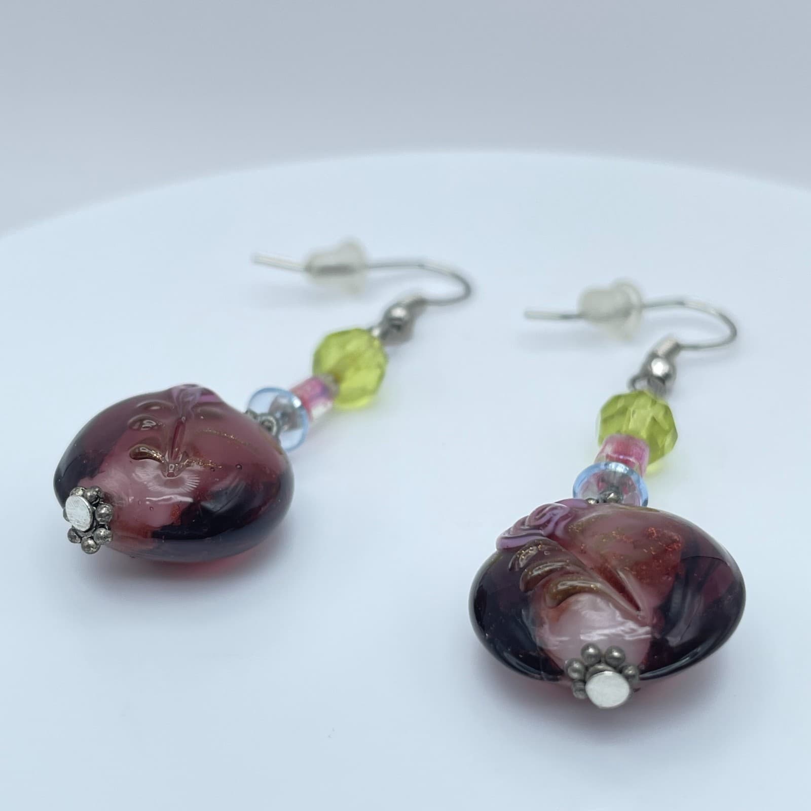 Vintage 90s Lampwork Glass Dangle Earrings Purple Floral Rose Beaded Artisan - Thumbnail 2