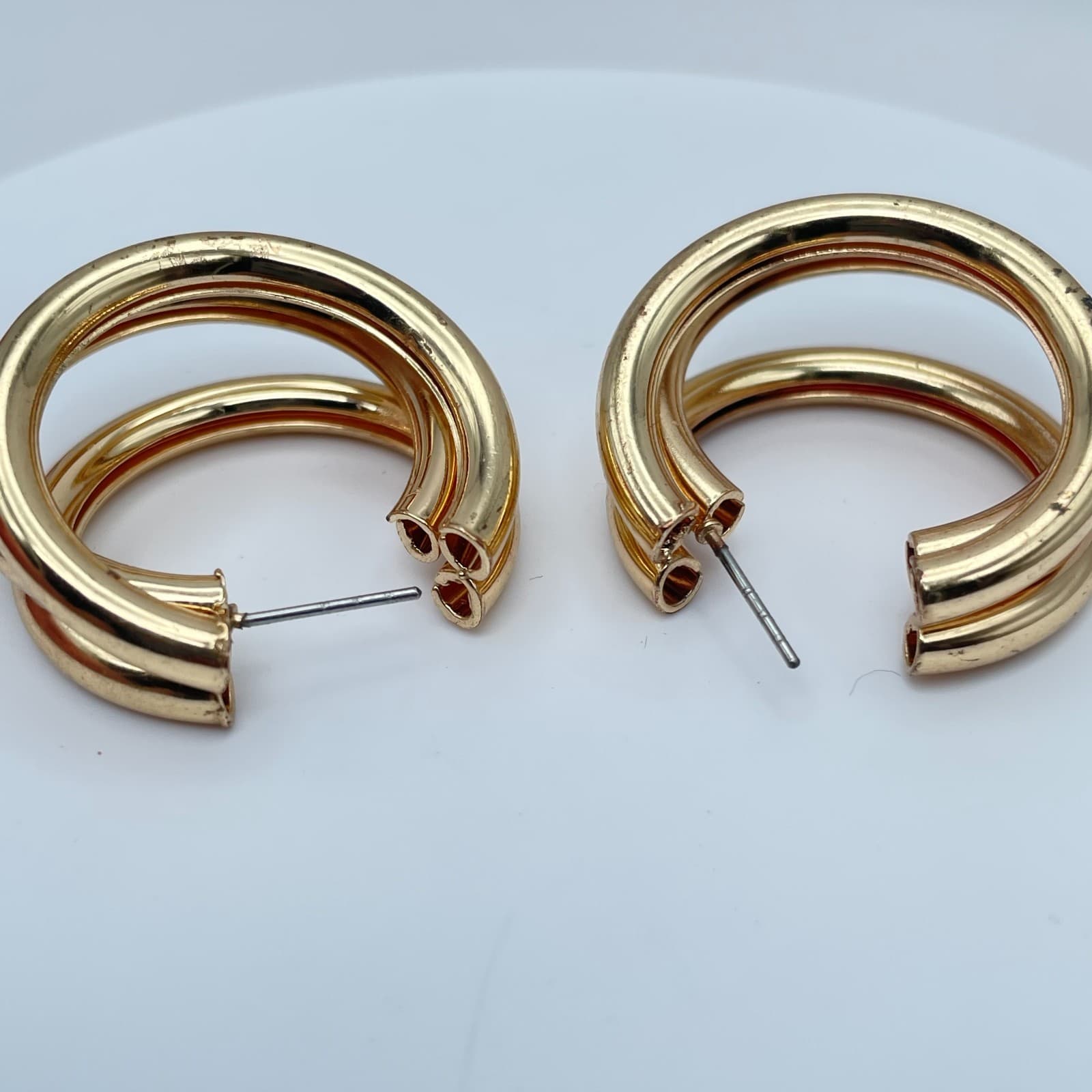 Vintage 90s Gold Tone Multi-Hoop C-Shaped Earrings Chunky Fashion Jewelry - Thumbnail 4
