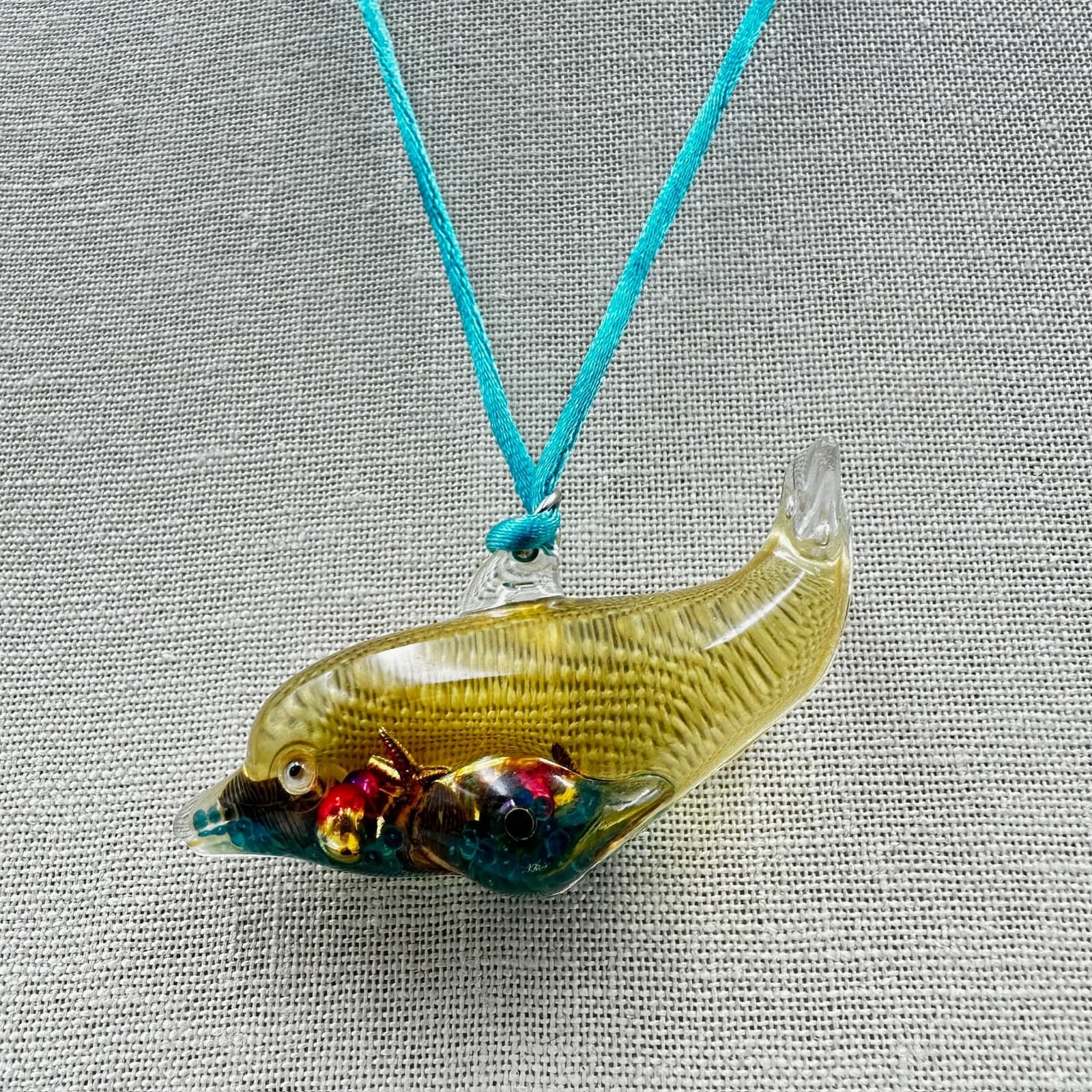 Handblown Glass Dolphin Pendant Necklace Aqua Cord Beachy Art Charm - Thumbnail 2