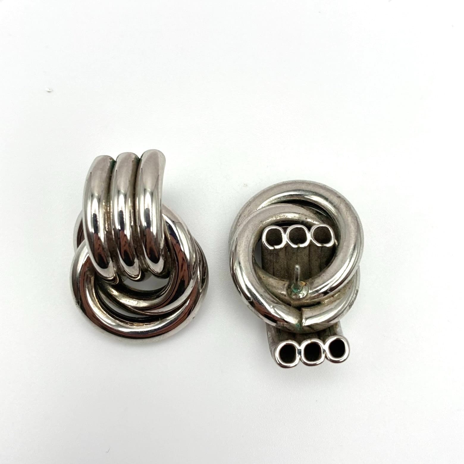 Vintage 90s Silver Tone Knot Stud Earrings Triple Hoop Statement Modernist Bold - Thumbnail 3