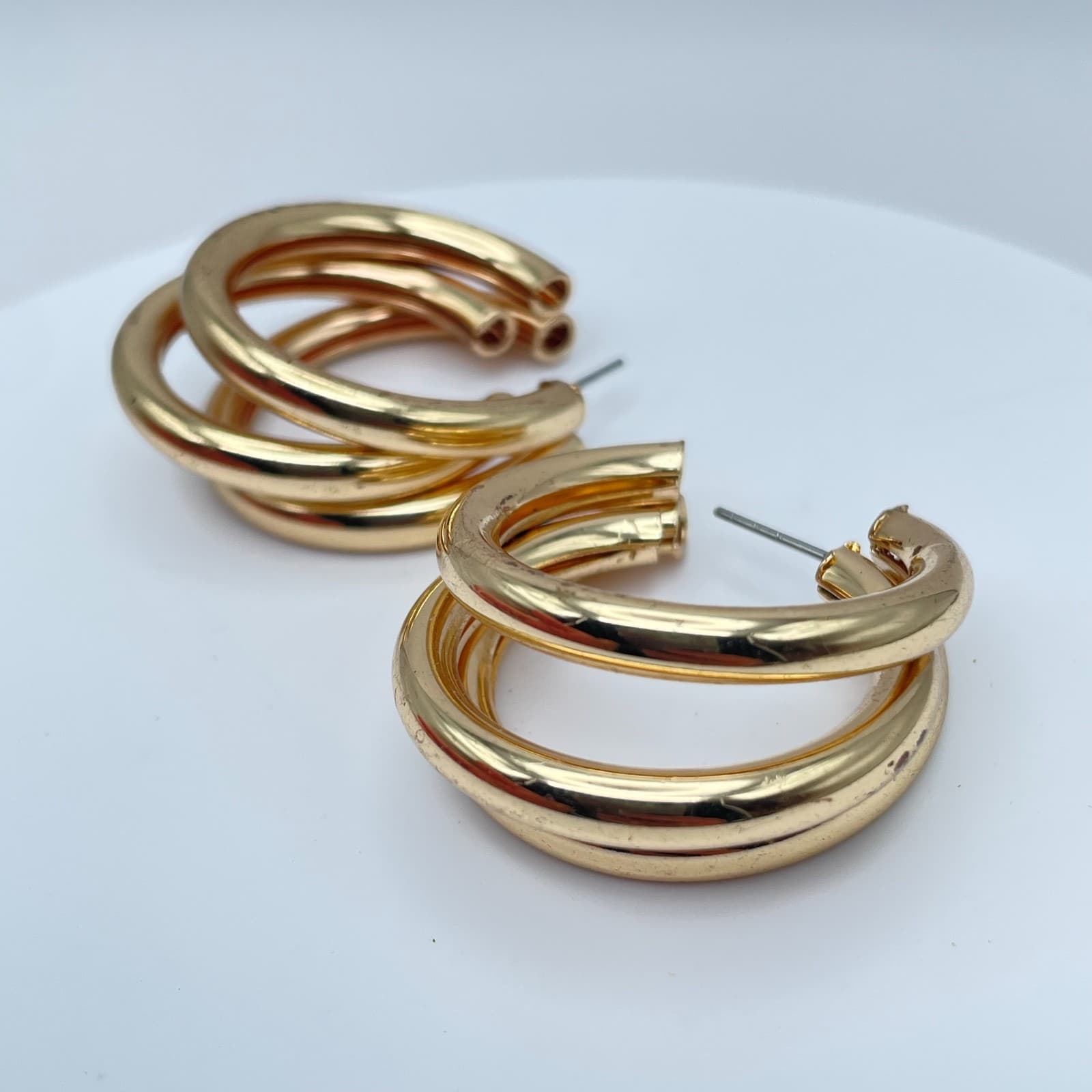 Vintage 90s Gold Tone Multi-Hoop C-Shaped Earrings Chunky Fashion Jewelry - Thumbnail 3