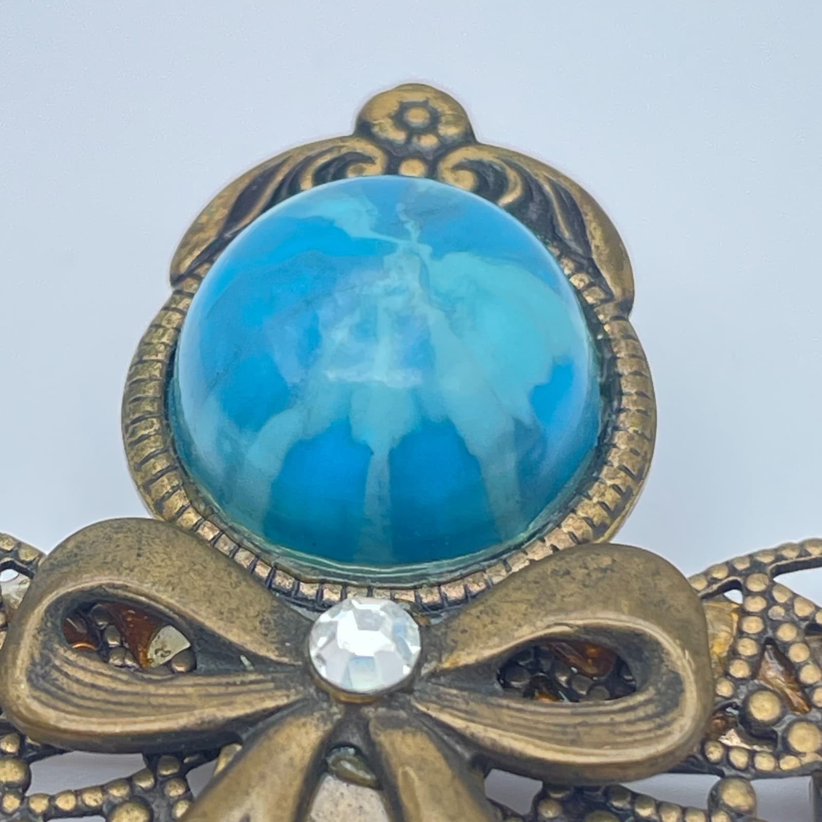 Vintage 90s Bronze-Tone Brooch Pin Blue Marbled Cabochon Filigree Boho Jewelry - Thumbnail 4