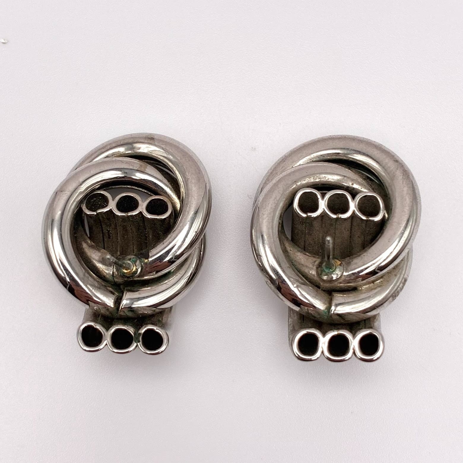 Vintage 90s Silver Tone Knot Stud Earrings Triple Hoop Statement Modernist Bold - Thumbnail 2