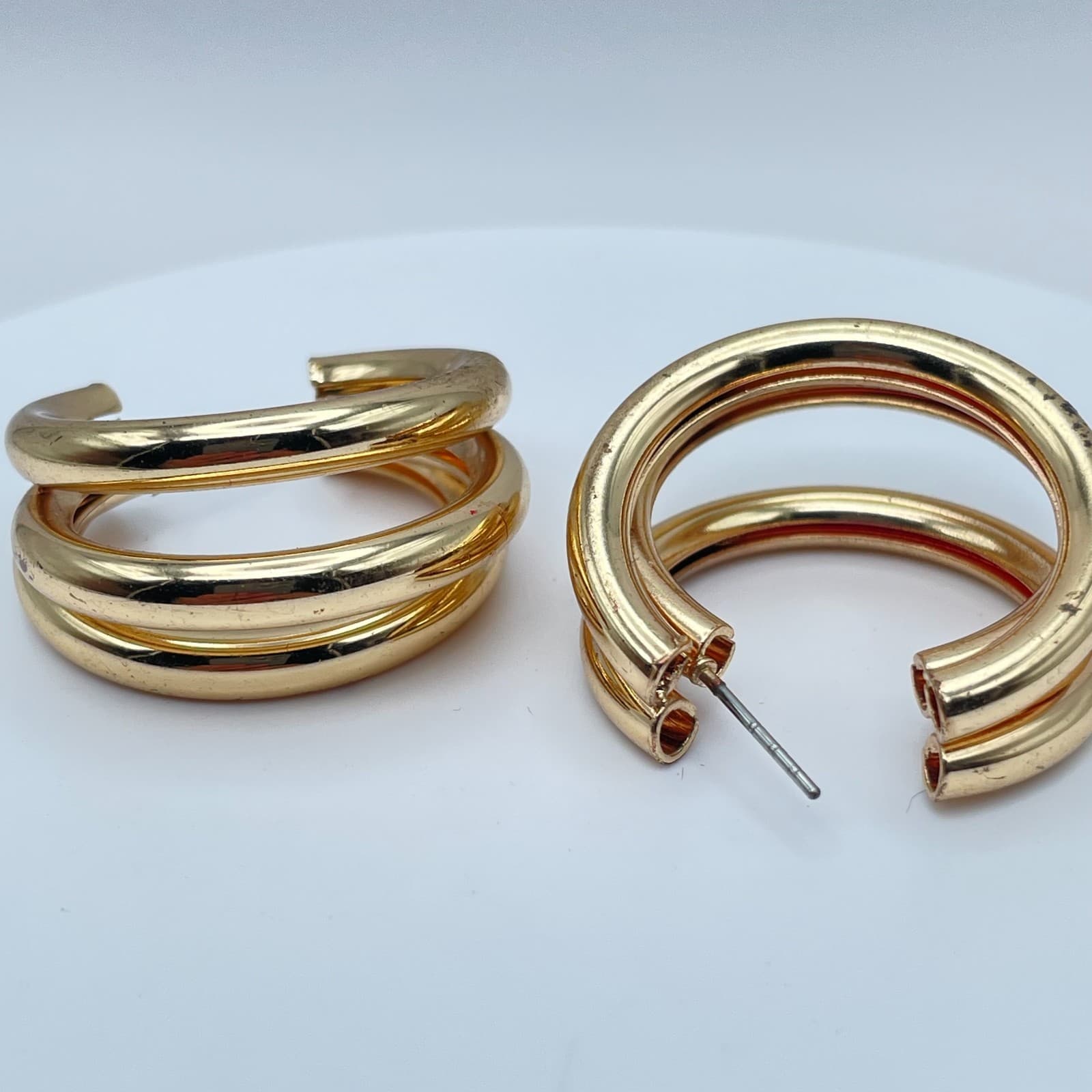 Vintage 90s Gold Tone Multi-Hoop C-Shaped Earrings Chunky Fashion Jewelry - Thumbnail 7
