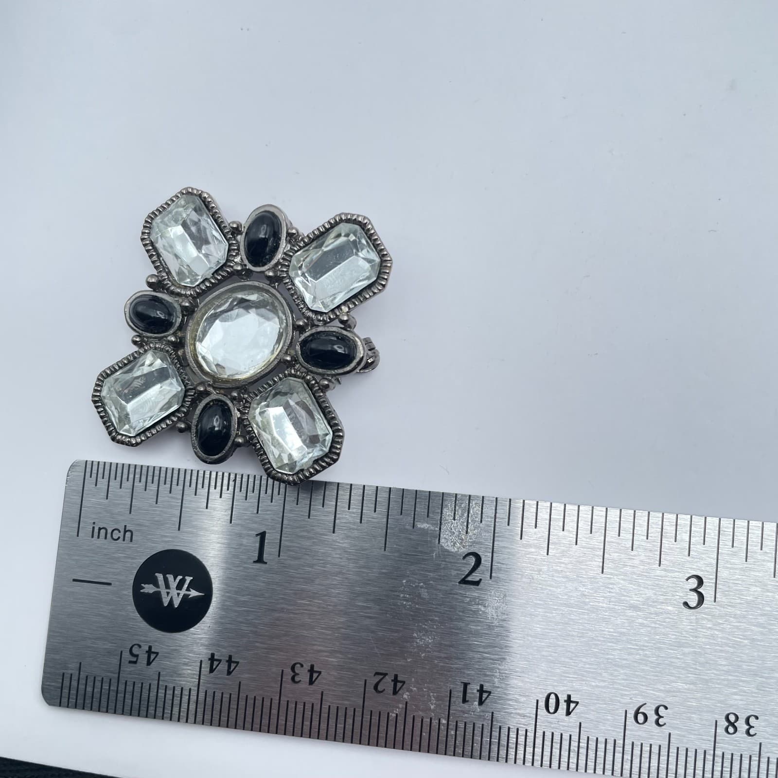 Vintage 90s Gothic Silver Tone Black Onyx Glass Cross Brooch Pin Art Deco - Thumbnail 7