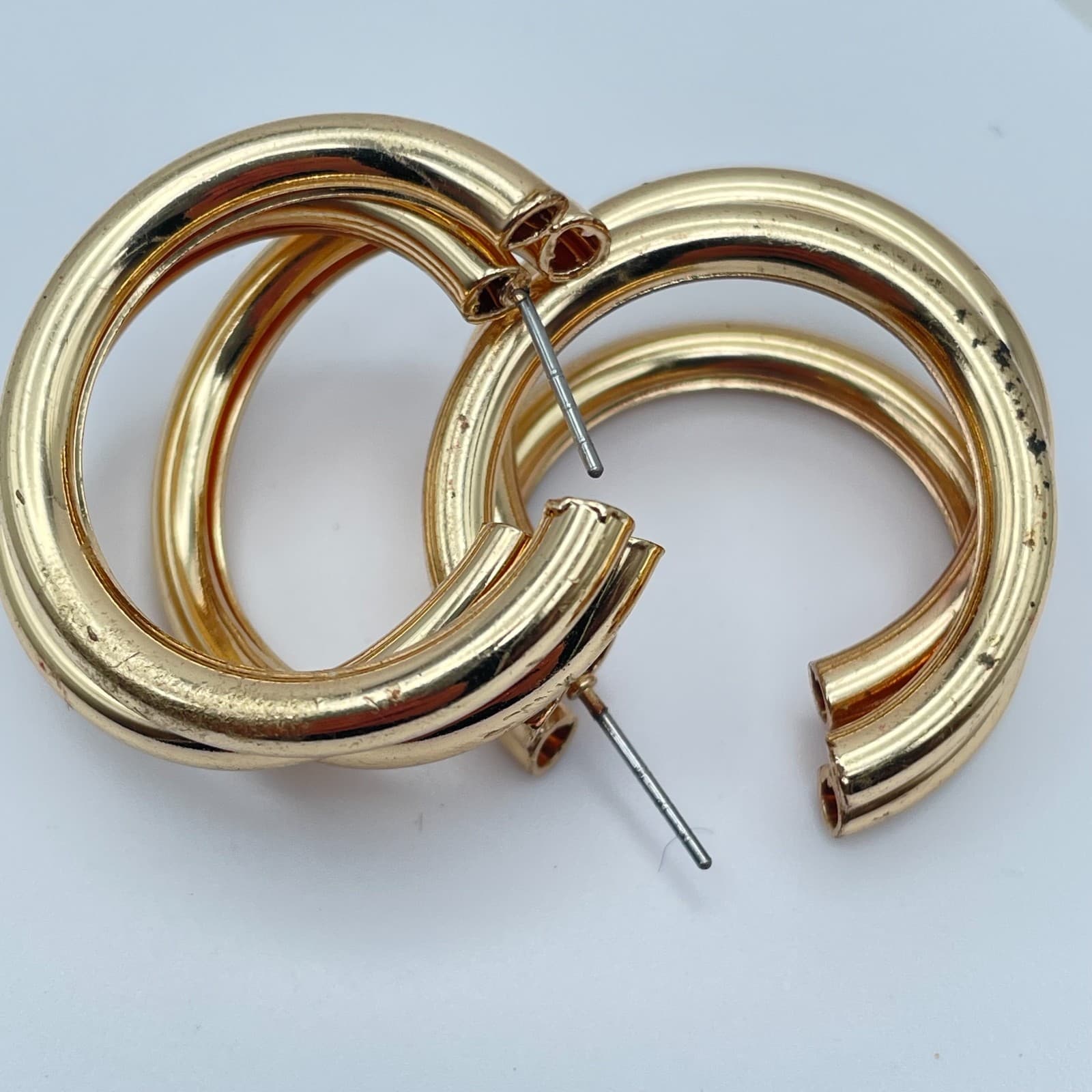 Vintage 90s Gold Tone Multi-Hoop C-Shaped Earrings Chunky Fashion Jewelry - Thumbnail 5