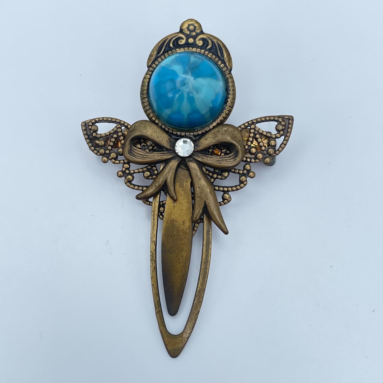 Vintage 90s Bronze-Tone Brooch Pin Blue Marbled Cabochon Filigree Boho Jewelry - Image 1