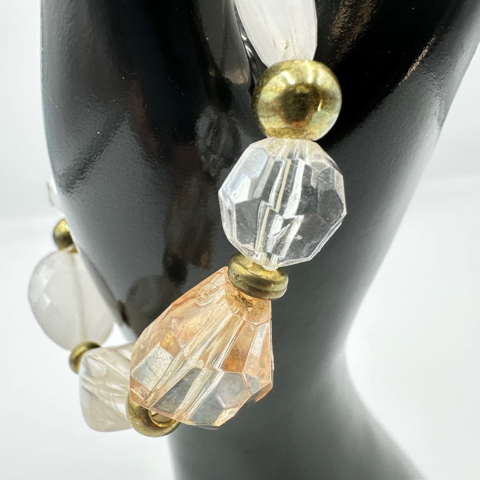 Neutral Faceted Bead Stretch Bracelet w/ Gold Accents Chic Minimalist - Thumbnail 2