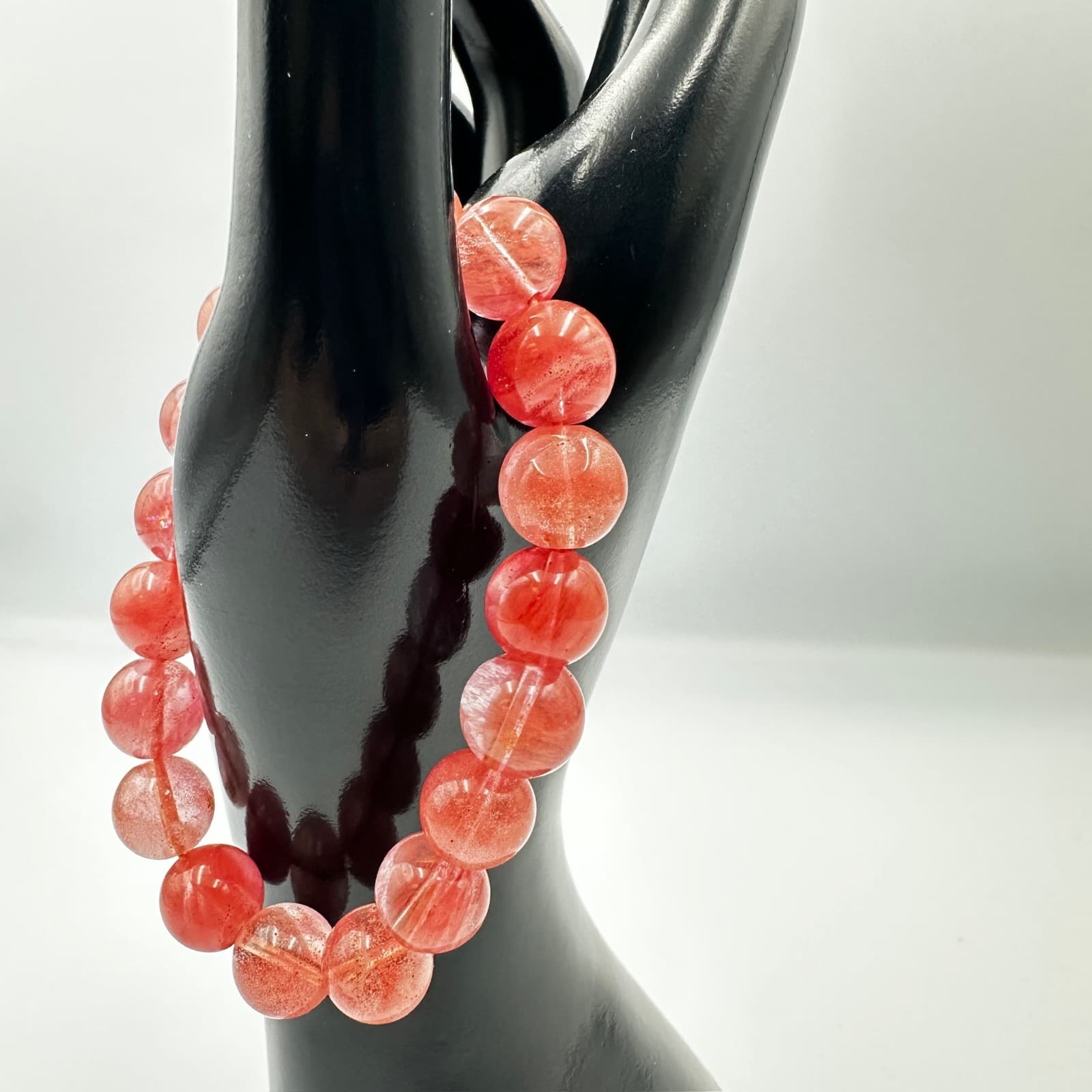 Pink Crackle Glass Bead Stretch Bracelet Sparkly Boho Chic - Thumbnail 2