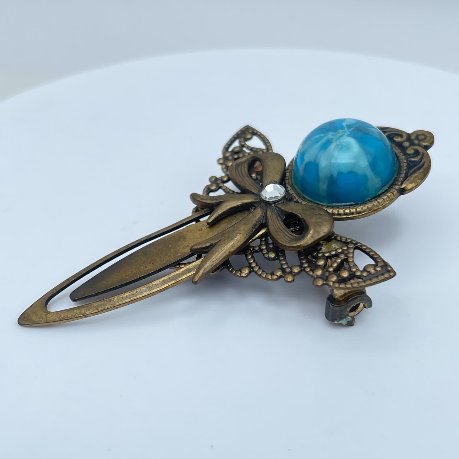 Vintage 90s Bronze-Tone Brooch Pin Blue Marbled Cabochon Filigree Boho Jewelry - Thumbnail 2