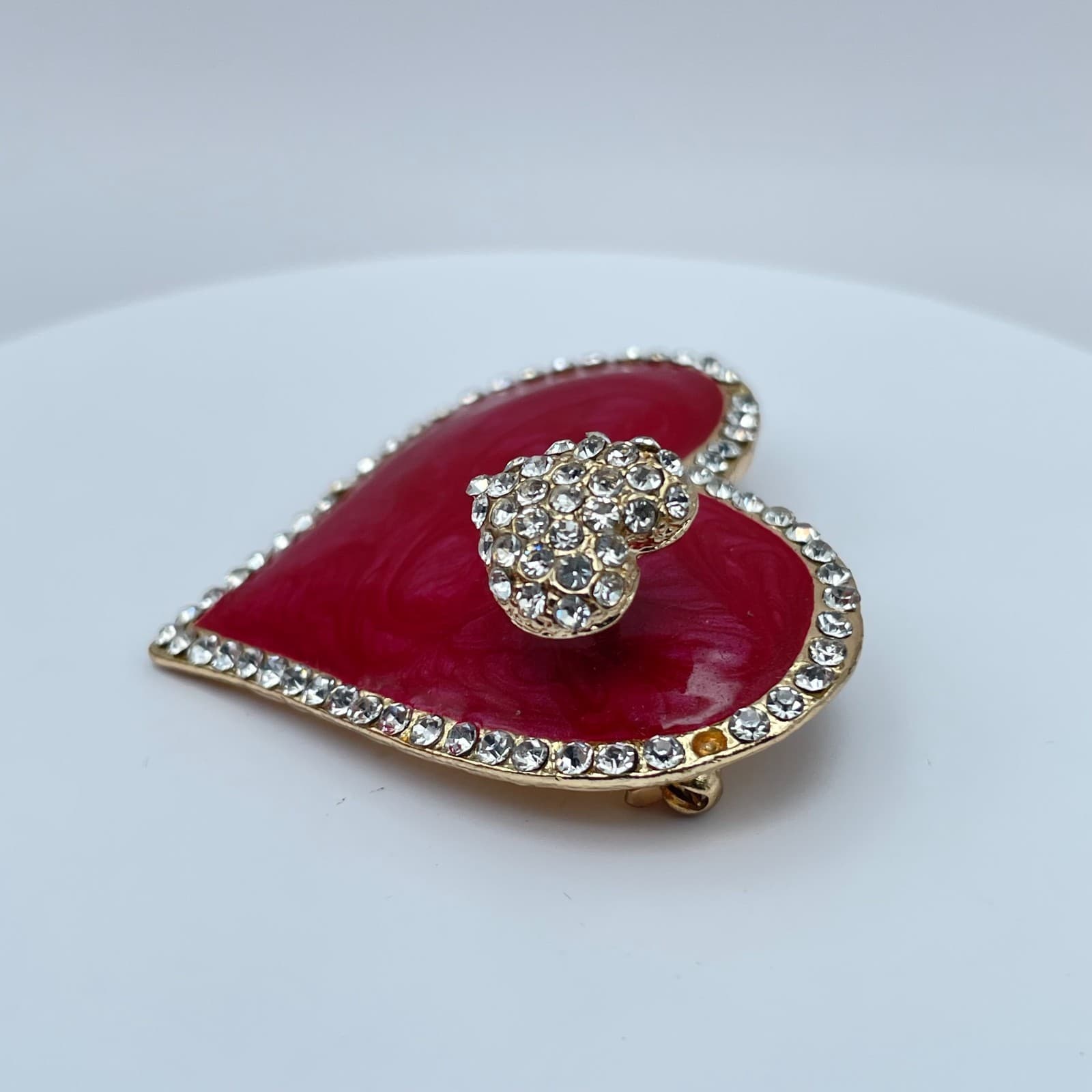 Vintage 90s Pink Enamel Heart Brooch Gold Tone Glass Trembler Pin Statement - Thumbnail 3