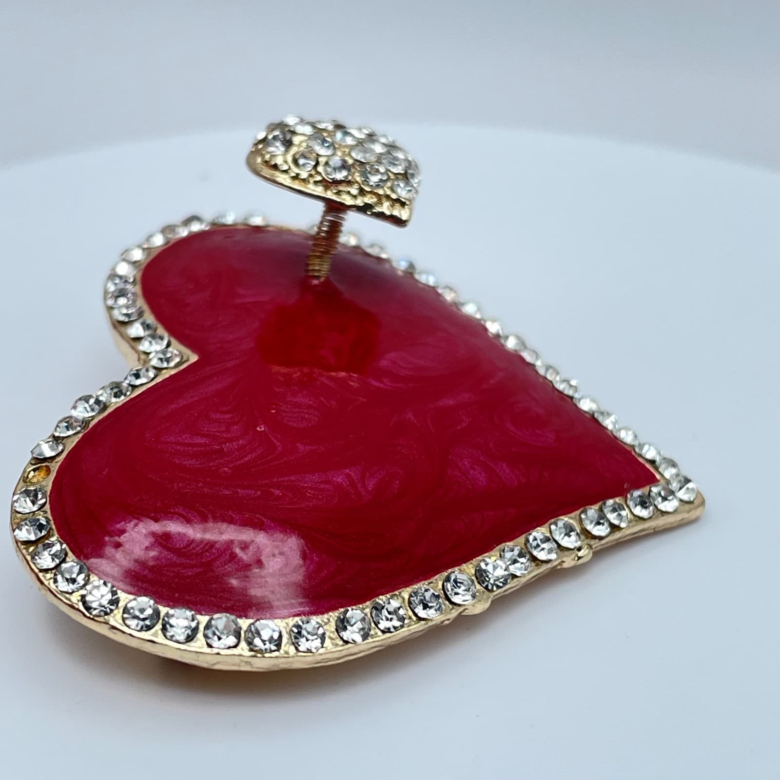 Vintage 90s Pink Enamel Heart Brooch Gold Tone Glass Trembler Pin Statement - Thumbnail 5