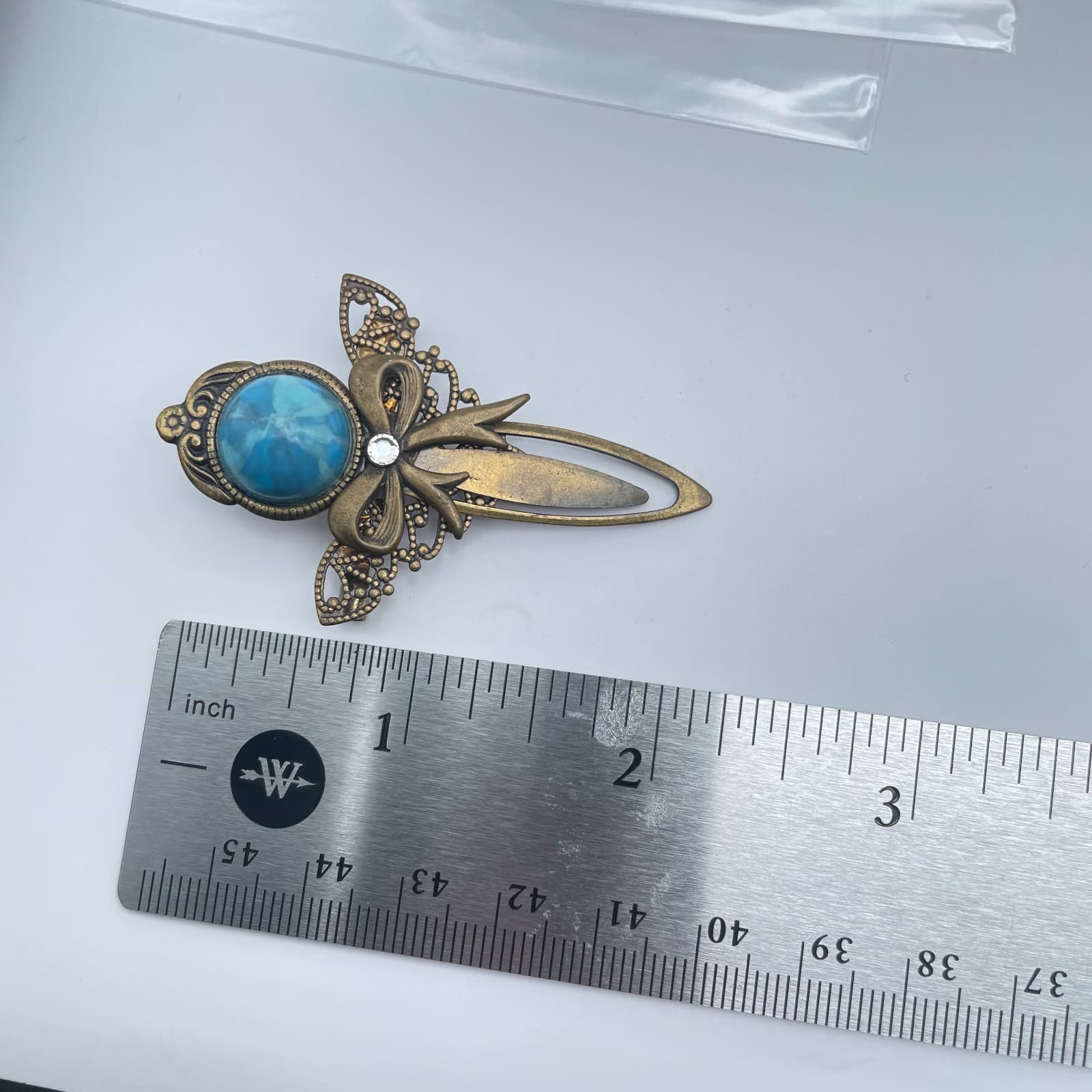 Vintage 90s Bronze-Tone Brooch Pin Blue Marbled Cabochon Filigree Boho Jewelry - Thumbnail 8