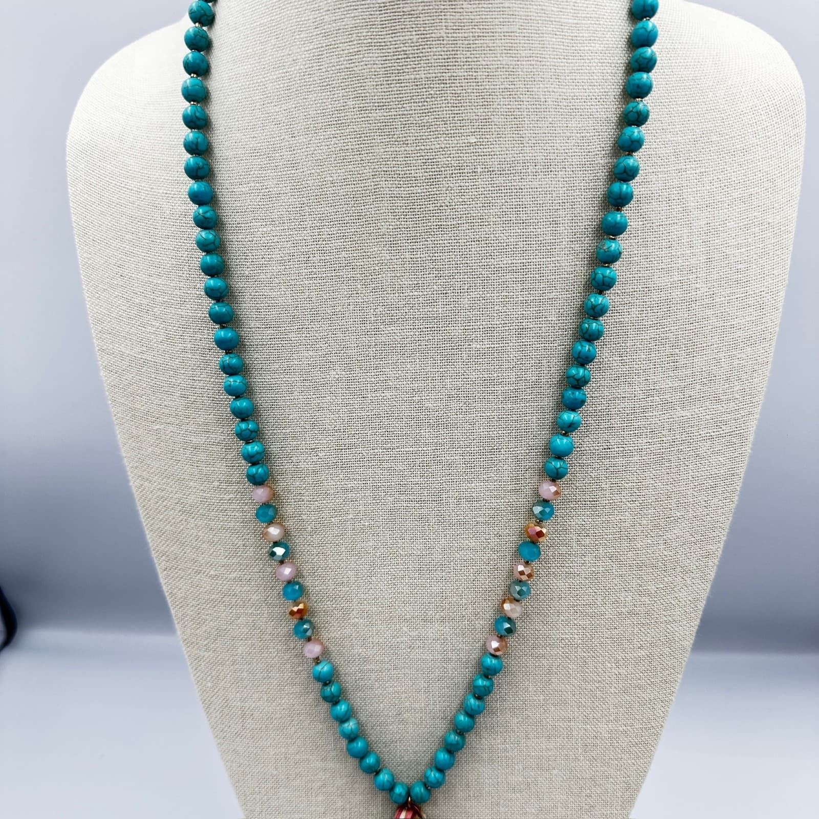 Turquoise Beaded Tassel Necklace Boho Western Festival Style - Thumbnail 2