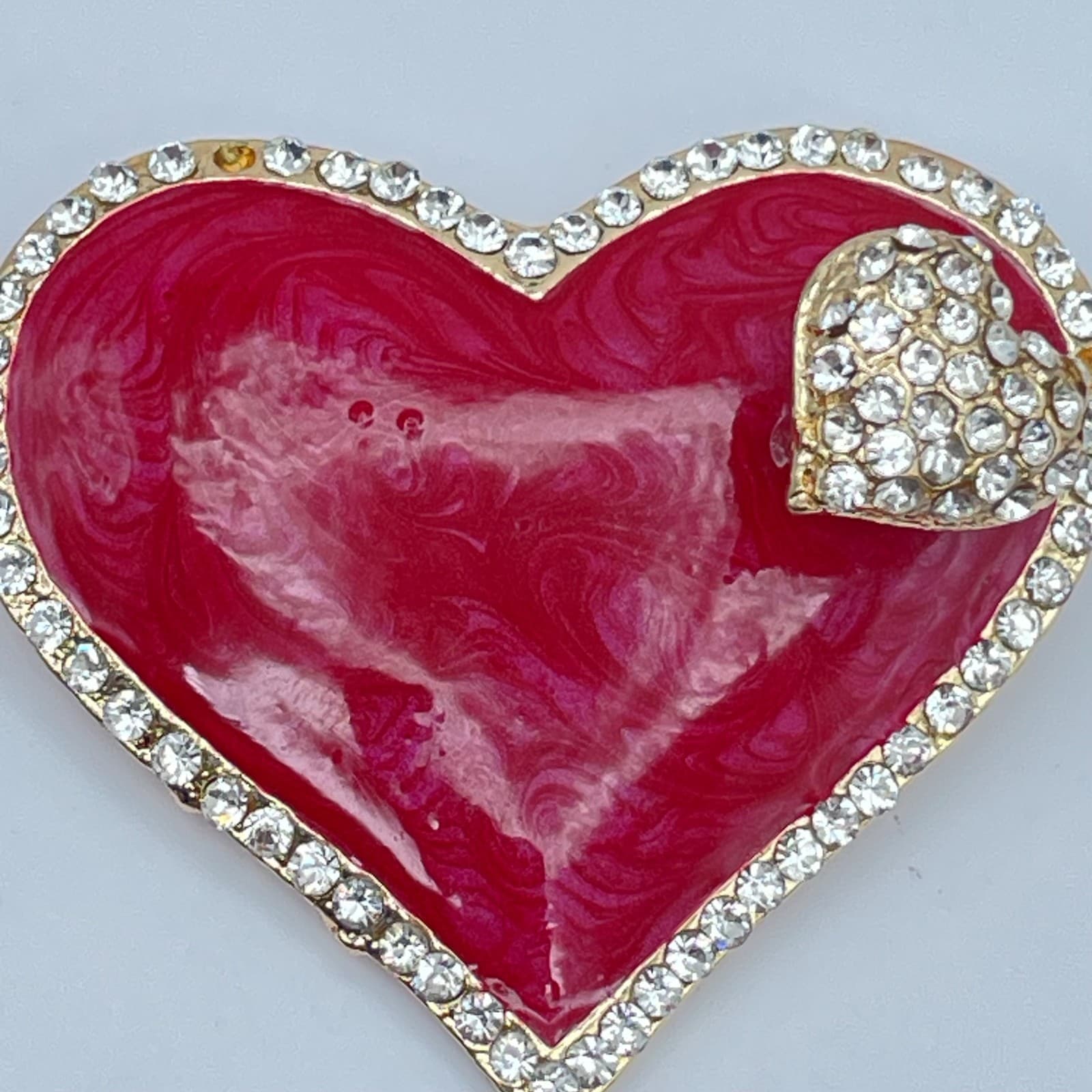 Vintage 90s Pink Enamel Heart Brooch Gold Tone Glass Trembler Pin Statement - Thumbnail 6