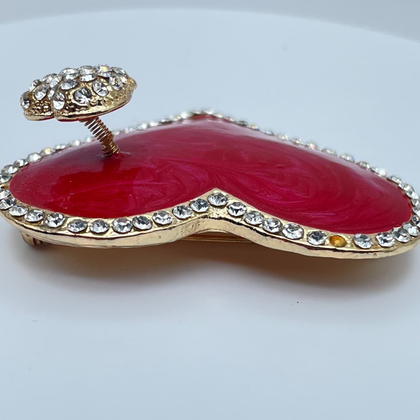 Vintage 90s Pink Enamel Heart Brooch Gold Tone Glass Trembler Pin Statement - Thumbnail 4