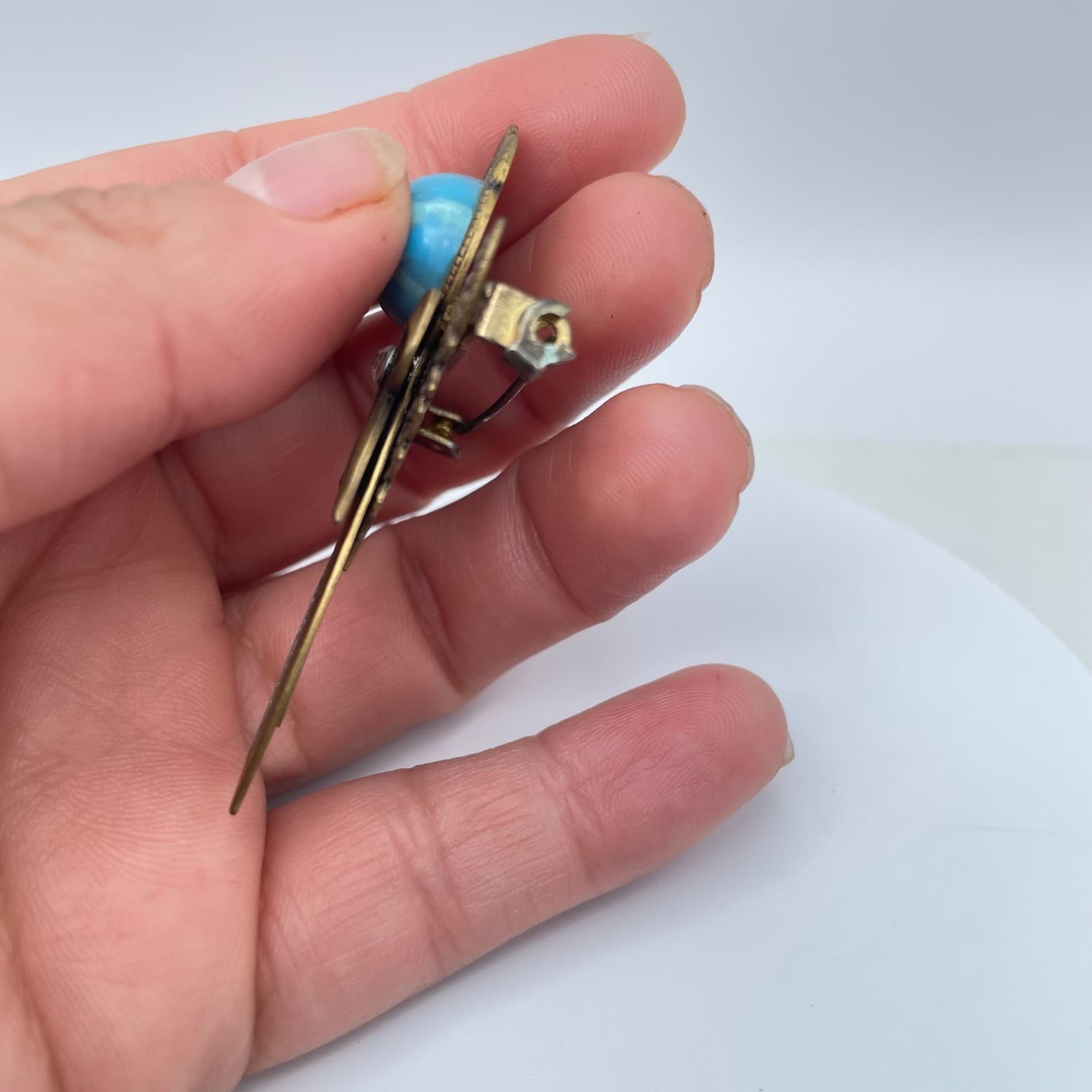 Vintage 90s Bronze-Tone Brooch Pin Blue Marbled Cabochon Filigree Boho Jewelry - Thumbnail 6