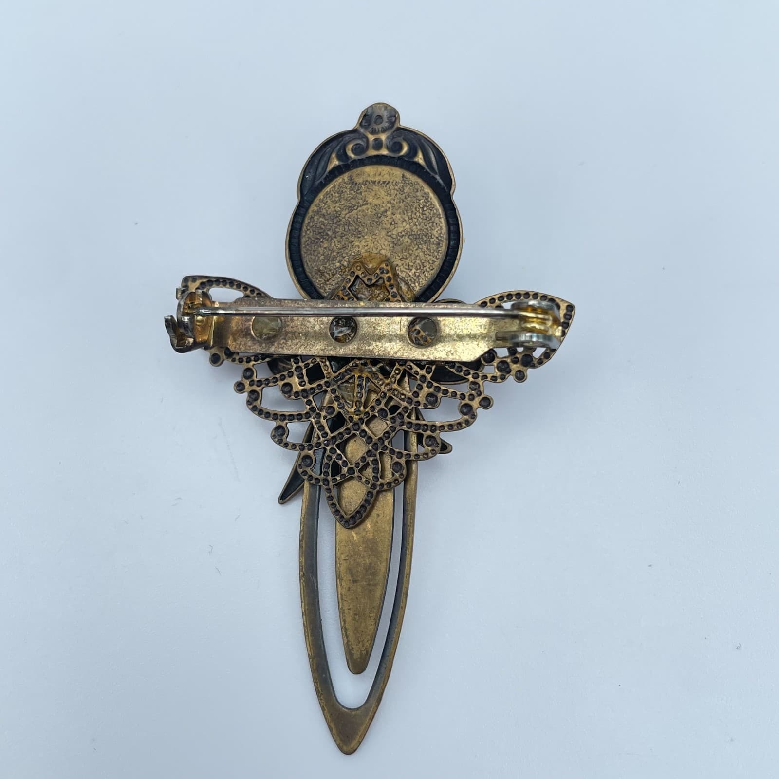 Vintage 90s Bronze-Tone Brooch Pin Blue Marbled Cabochon Filigree Boho Jewelry - Thumbnail 7